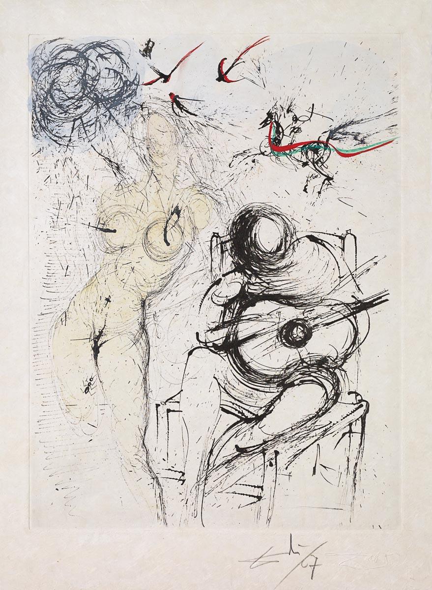 Salvador Dalí Figurative Print – Akt mit Gitarre (Poèmes Secrets d'Apollinaire), 1967