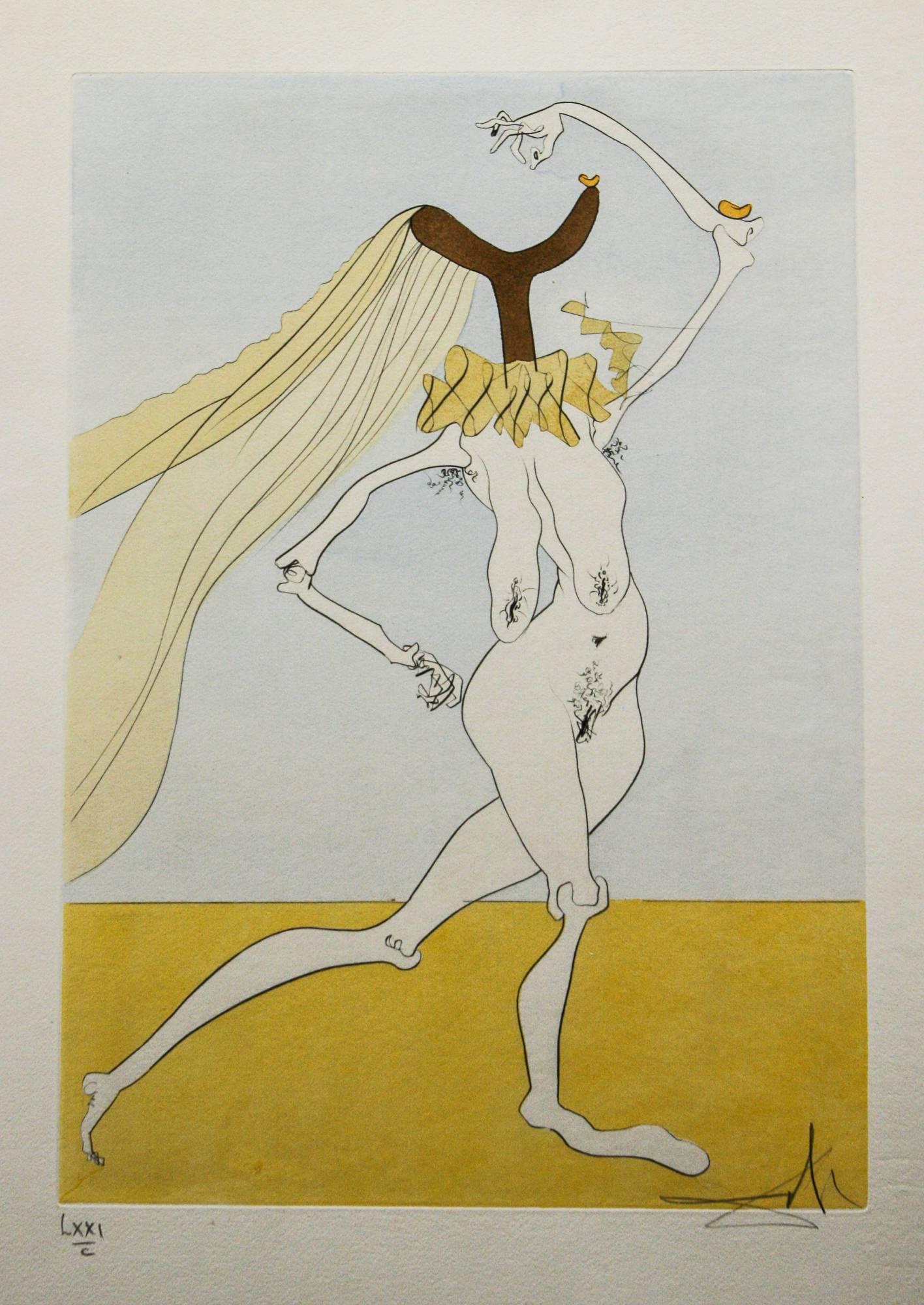 Abstract Print Salvador Dalí - Nu aux voilettes ( Nu aux voiles) , gravure d'origine de Salvador Dali 1975