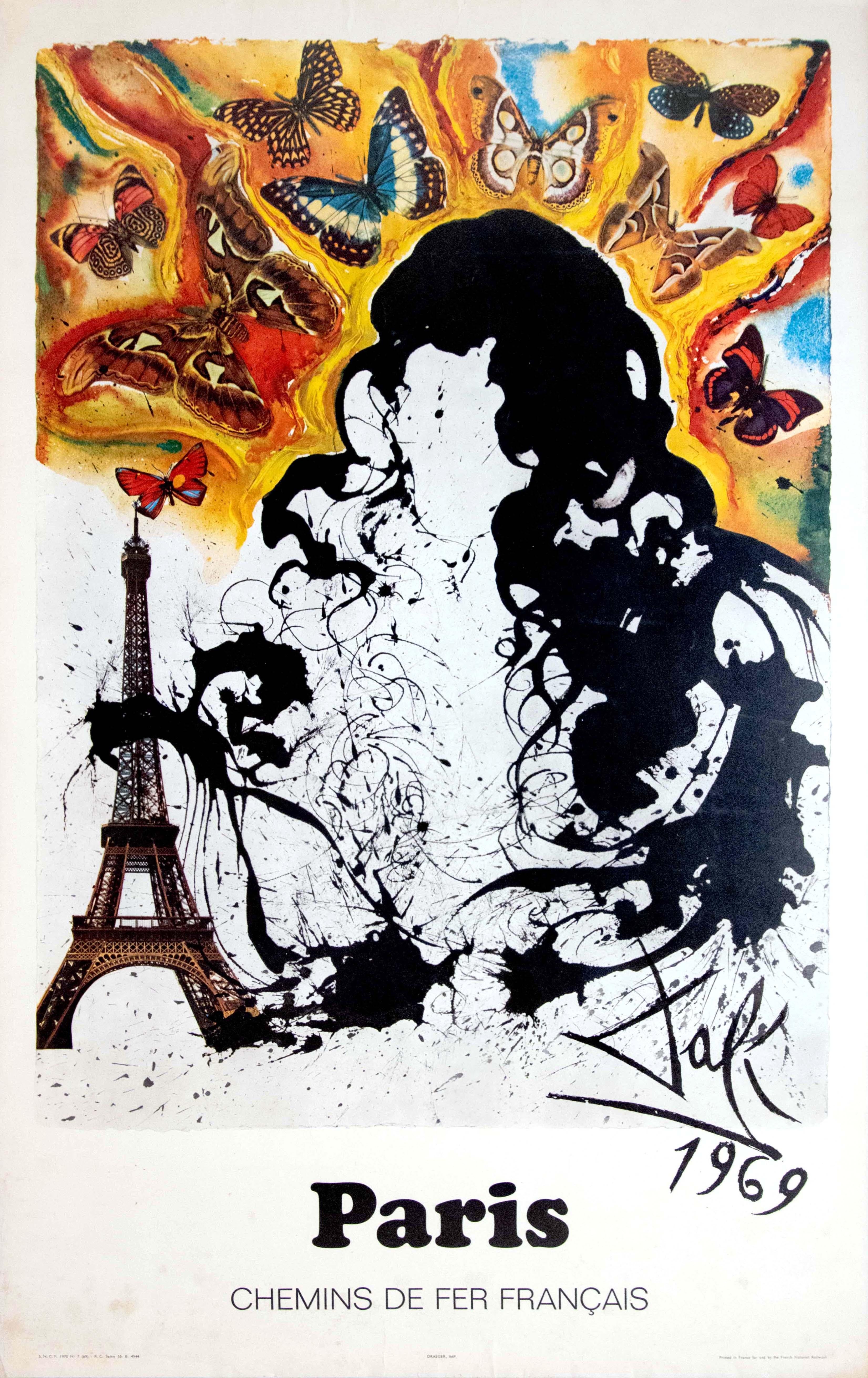 Salvador Dalí Print – Original-Vintage-Poster, Paris, Frankreich, Eisenbahn, Reisen, Eiffelturm, Schmetterlingsdesign