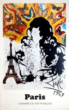 Affiche rétro originale, Paris, France, Voyage, Tour Eiffel, Motif papillon