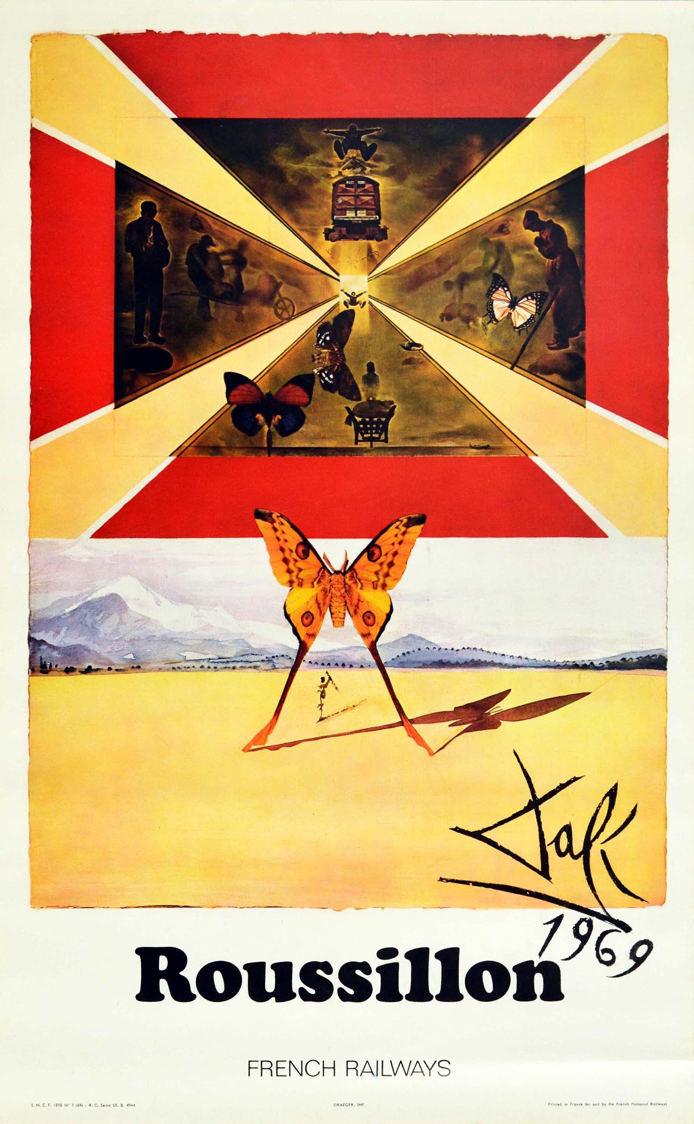 Print Salvador Dalí - Affiche vintage d'origine Roussillon de Dali pour la SNCF Railways - Dessin de papillon