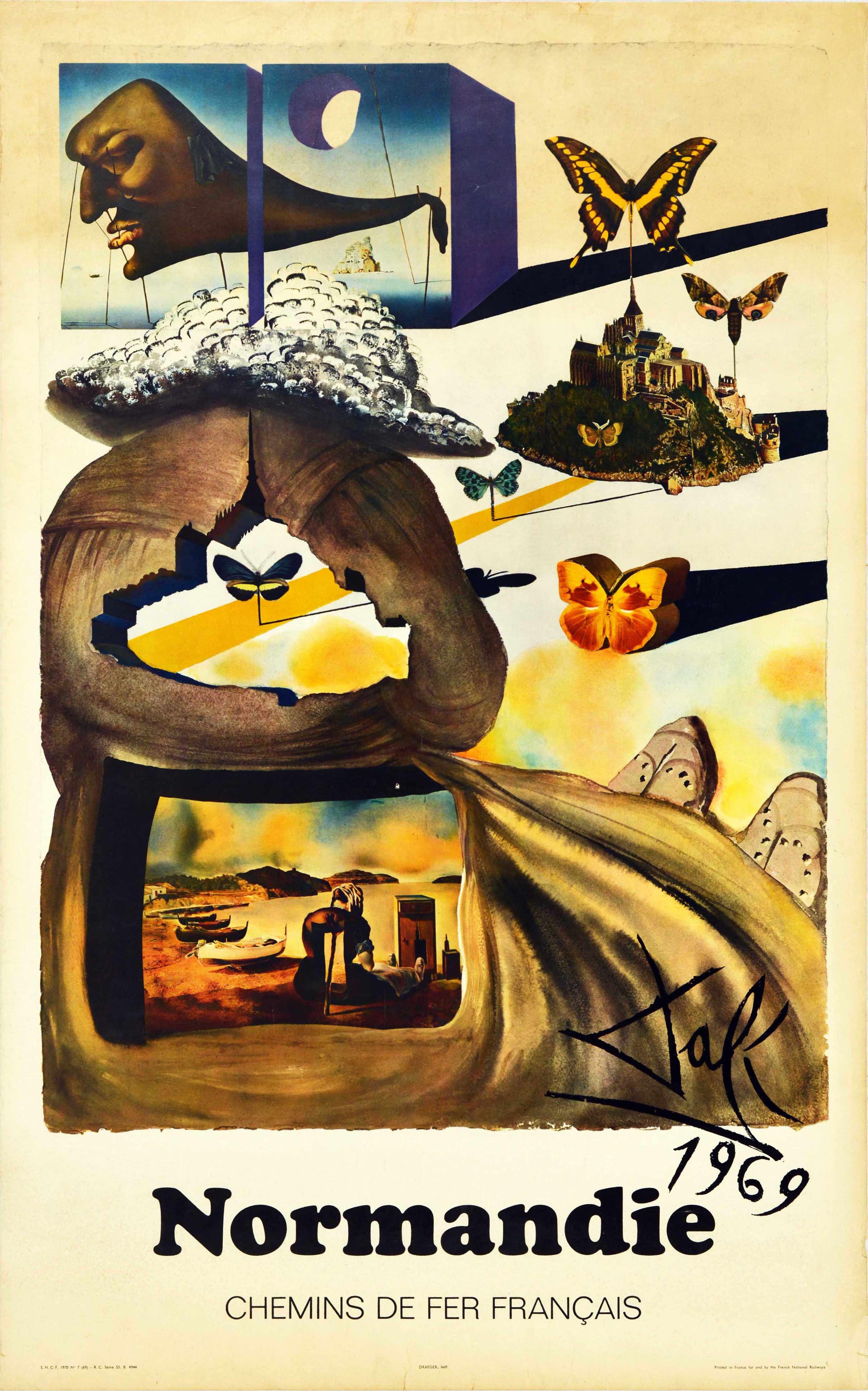 Salvador Dalí Print - Original Vintage Rail Travel Poster Normandie Surrealism Normandy Butterfly Art