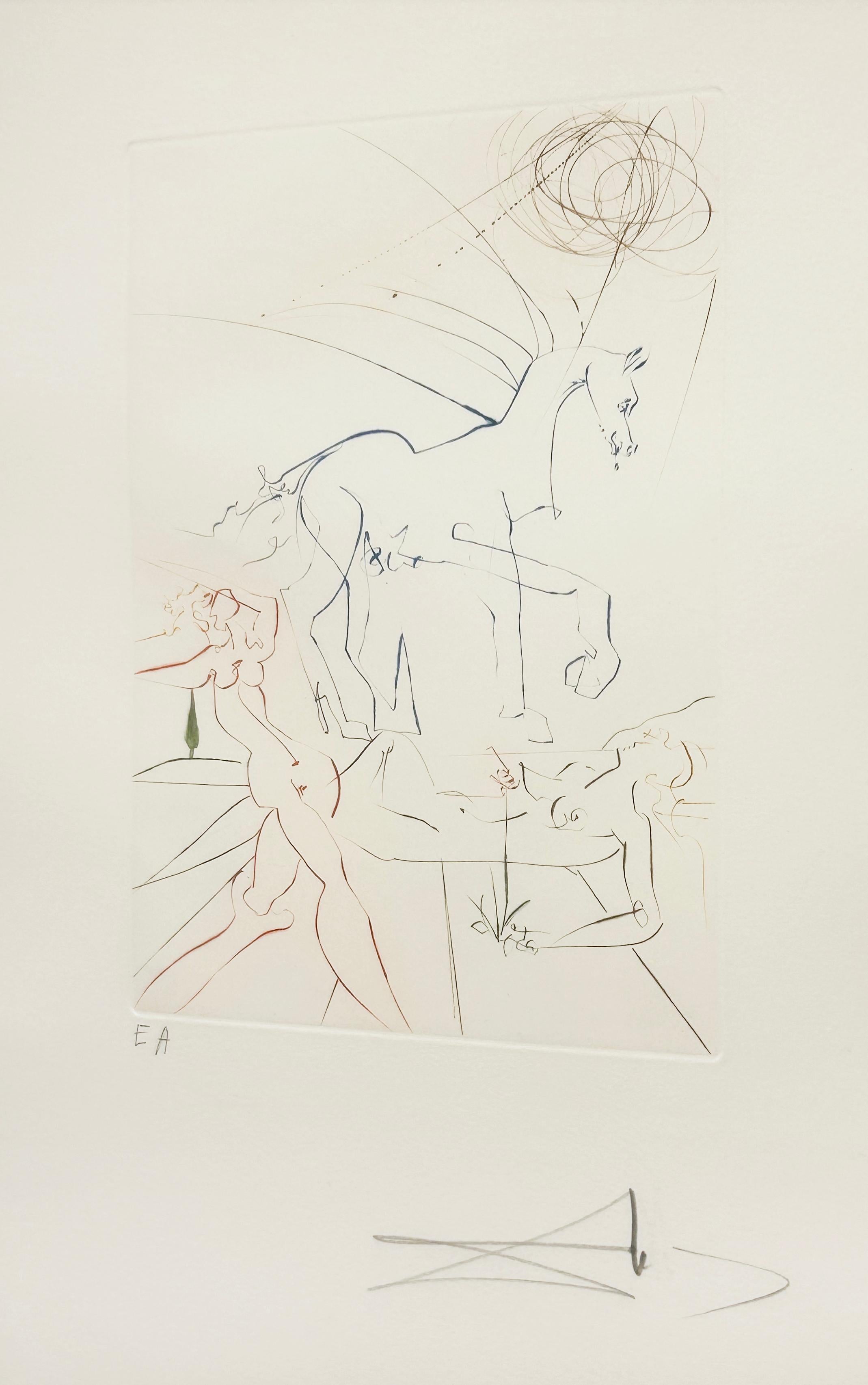 Artista:  Dalí, Salvador
Título:  Desfile
Serie:  Mujeres y Caballos
Date:  1973
Medio:  punta seca impresa en color
Enmarcado Dimensiones:  25