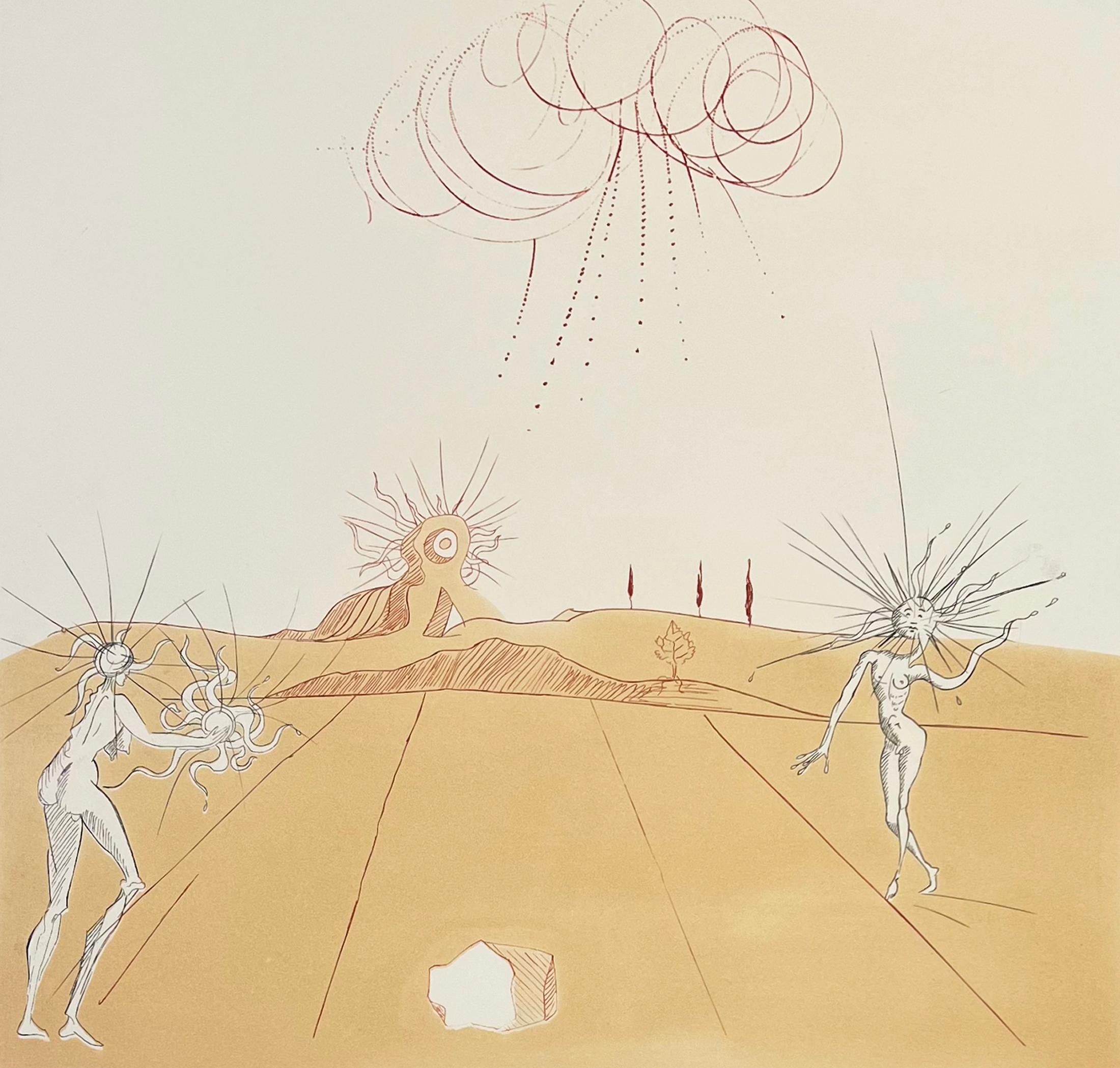 Salvador Dalí Abstract Print - Paysage avec figures-soleil from sun, from Neuf Paysages