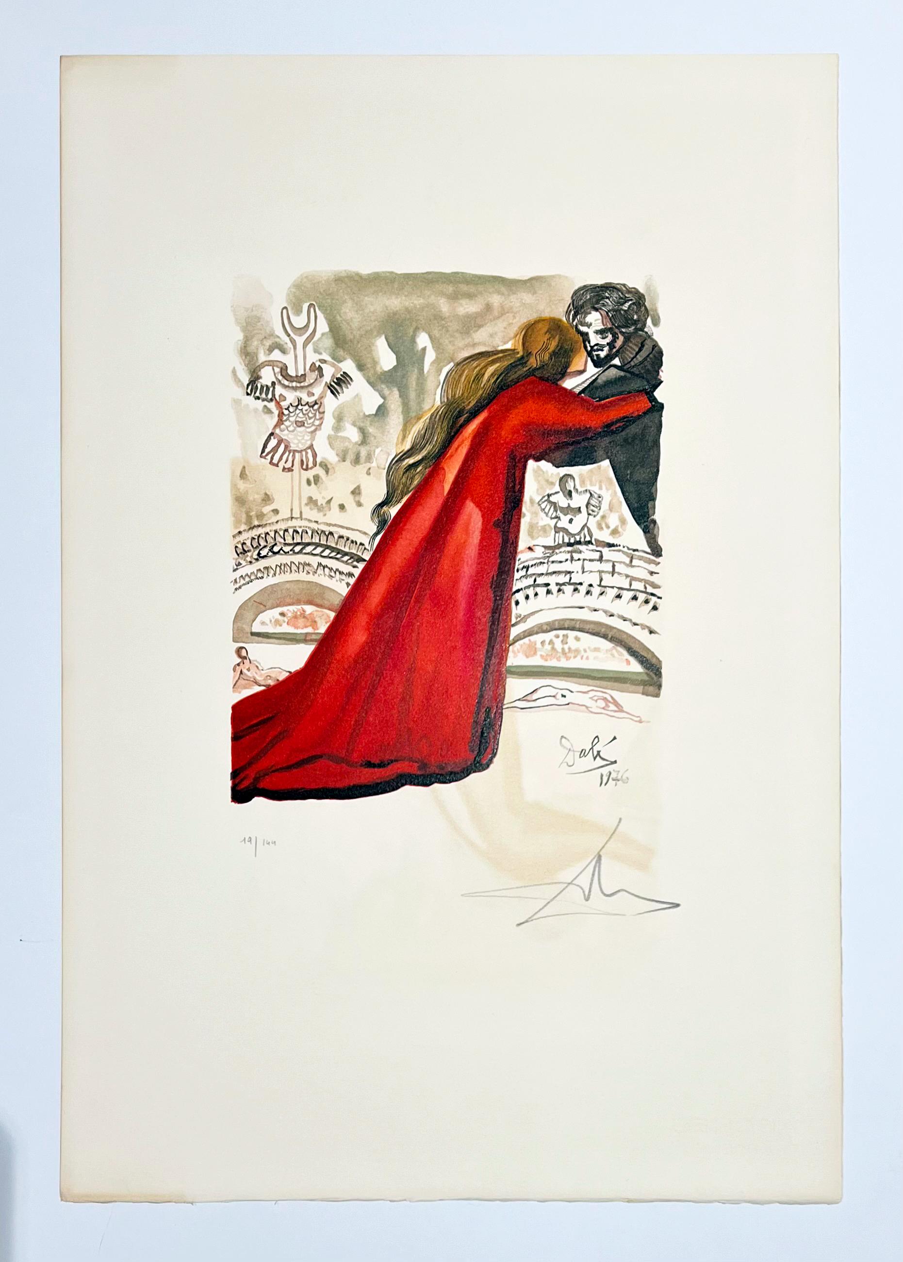Artist: Salvador Dali
Title: Pilade aimait Hermioné
Portfolio: L'art d'aimer
Medium: Woodcut on Arches
Date: 1978
Edition: 79/144
Frame Size: 25 1/4