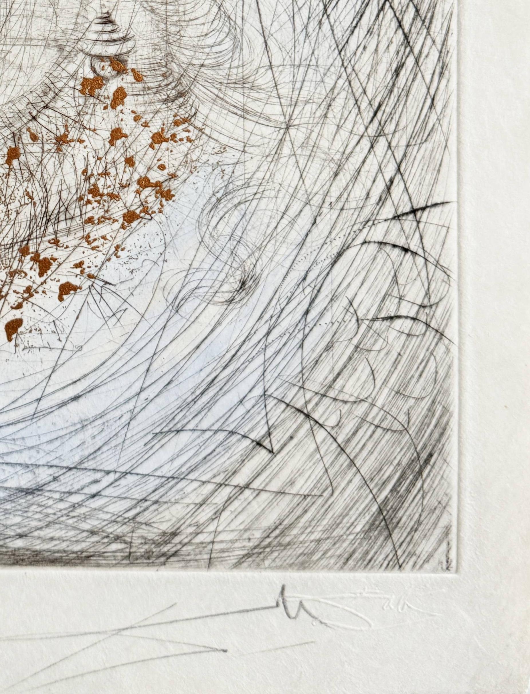 Salvador Dali (1904-1989) - Portrait de Marguerite (Portrait of Marguerite)

Drypoint etching with roulette from 1969.

The edition 142/145.

Dimensions of work: 38 x 28 cm.

Hand signed.

Publisher: Pierre Argillet, Paris.

Reference: