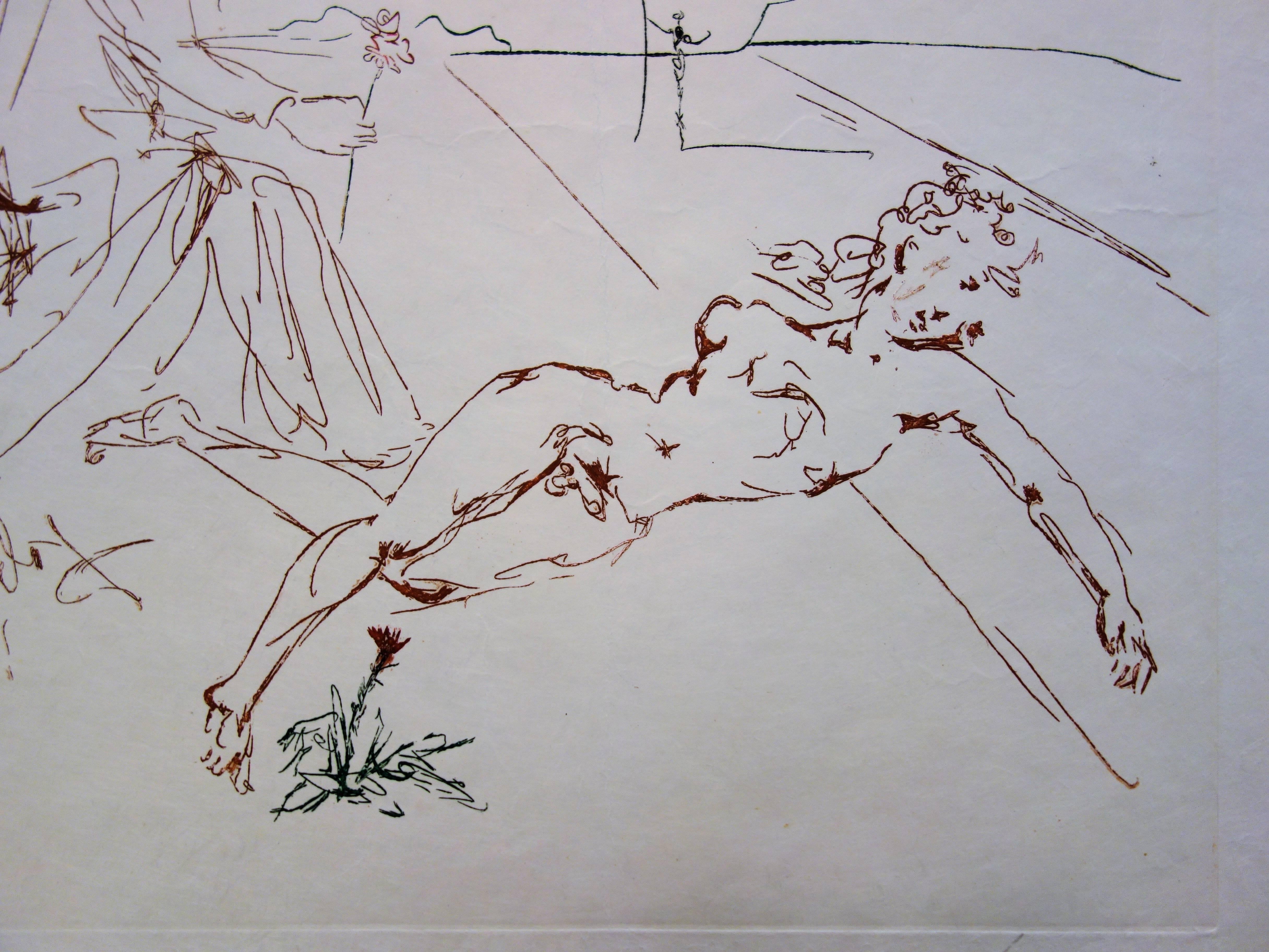 Salvador Dali (1904-1989) 
Épris d'une folle passion (1979) 

Original Etching on Japon paper
Handsigned in pencil, and printed signature in the plate
50 exemplars
Size : 22.2 x 30 inch (56 x 76 cm) 

References : Catalog raisonné Field 79-2A /