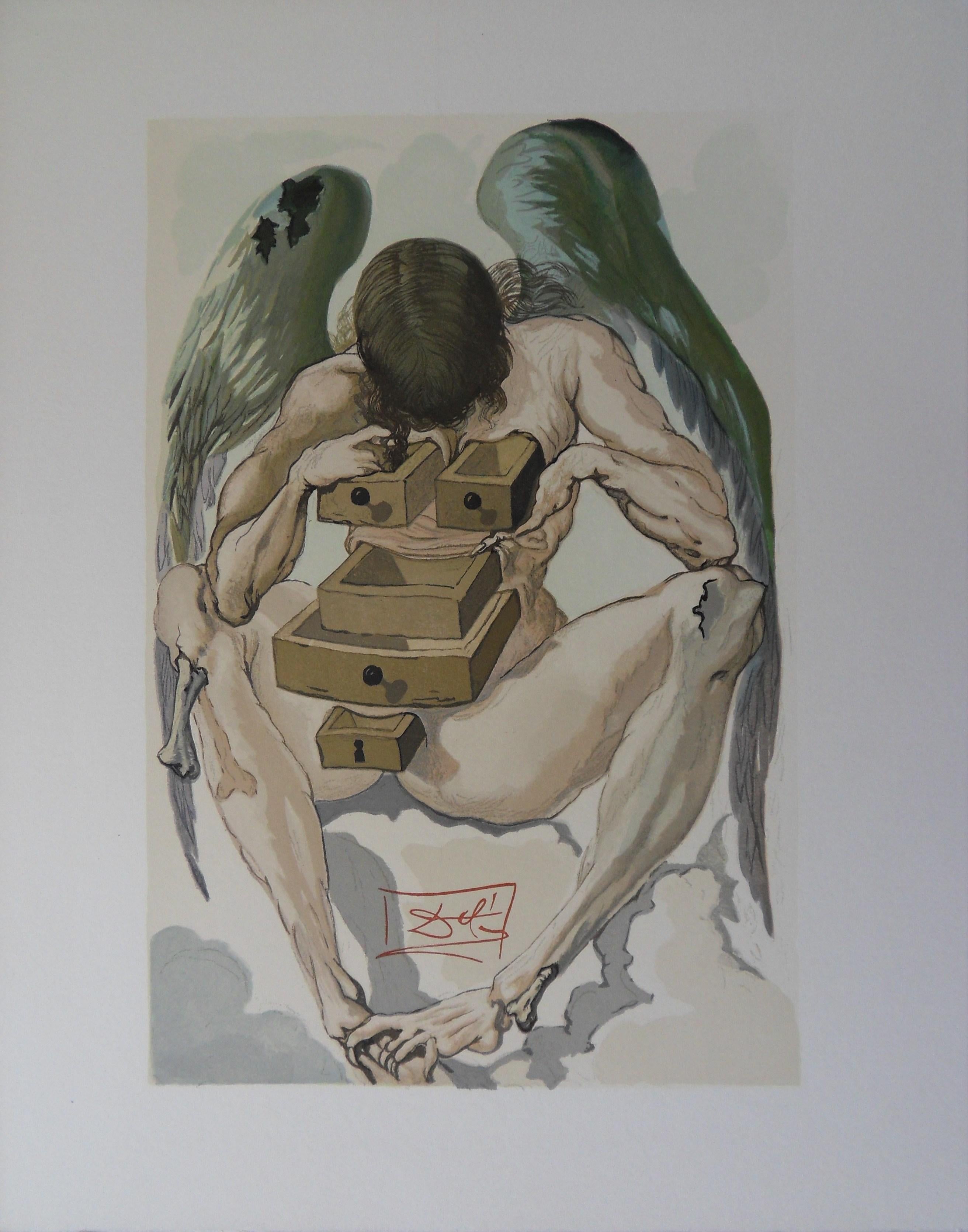Salvador Dalí Figurative Print - Purgatory 1 - The Fallen Angel - Woodcut - 1963