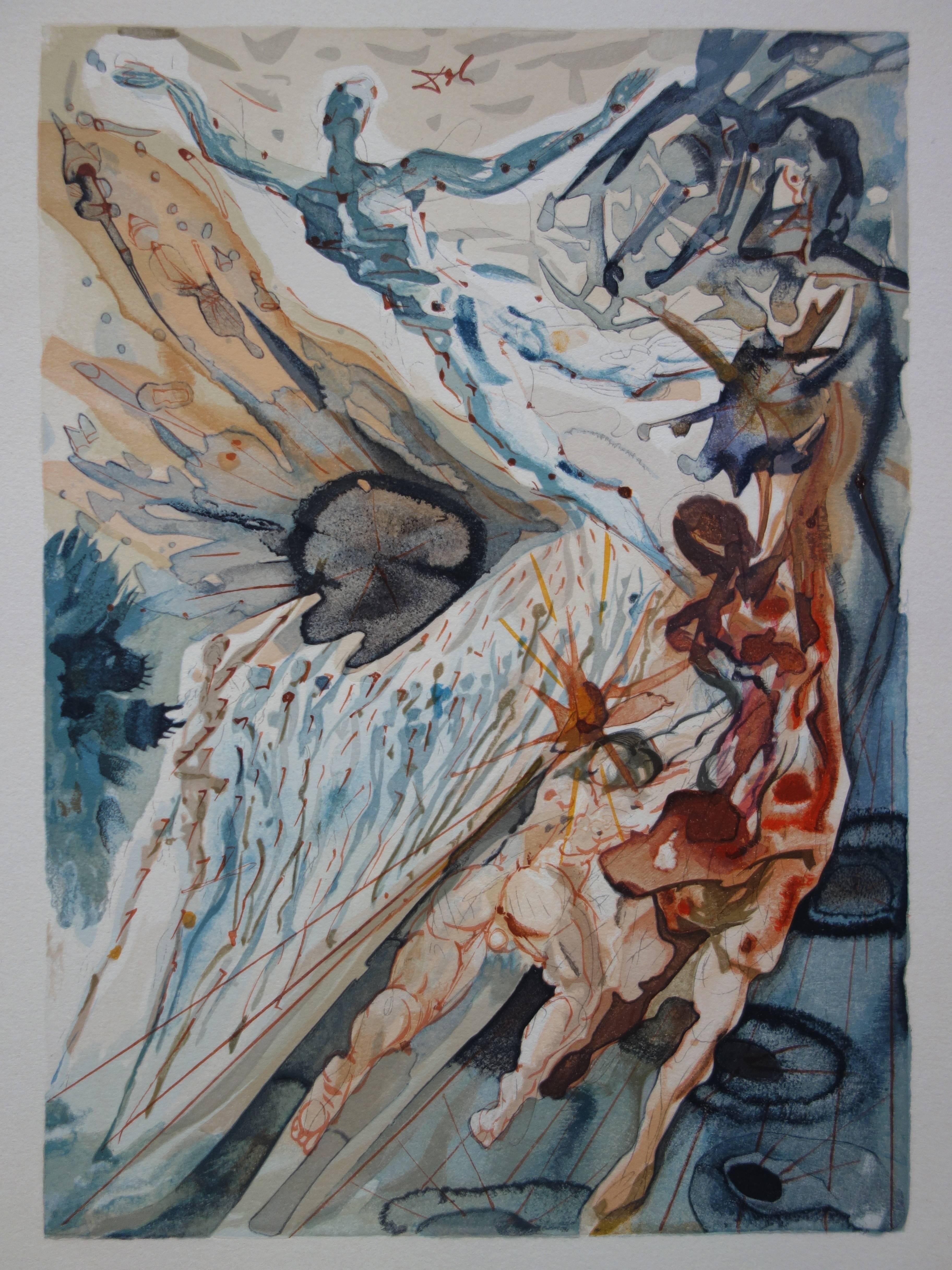 Purgatory 26 - Encounter with Two Groups of the Lusty - Taille sur bois en couleur - Surréalisme Print par Salvador Dalí