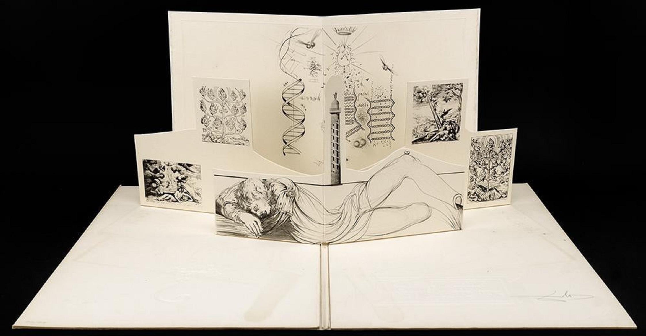 Raro Salvador Dalì Surrealista 3D Pop Up Acquaforte Incisione Scultura di carta 1973
