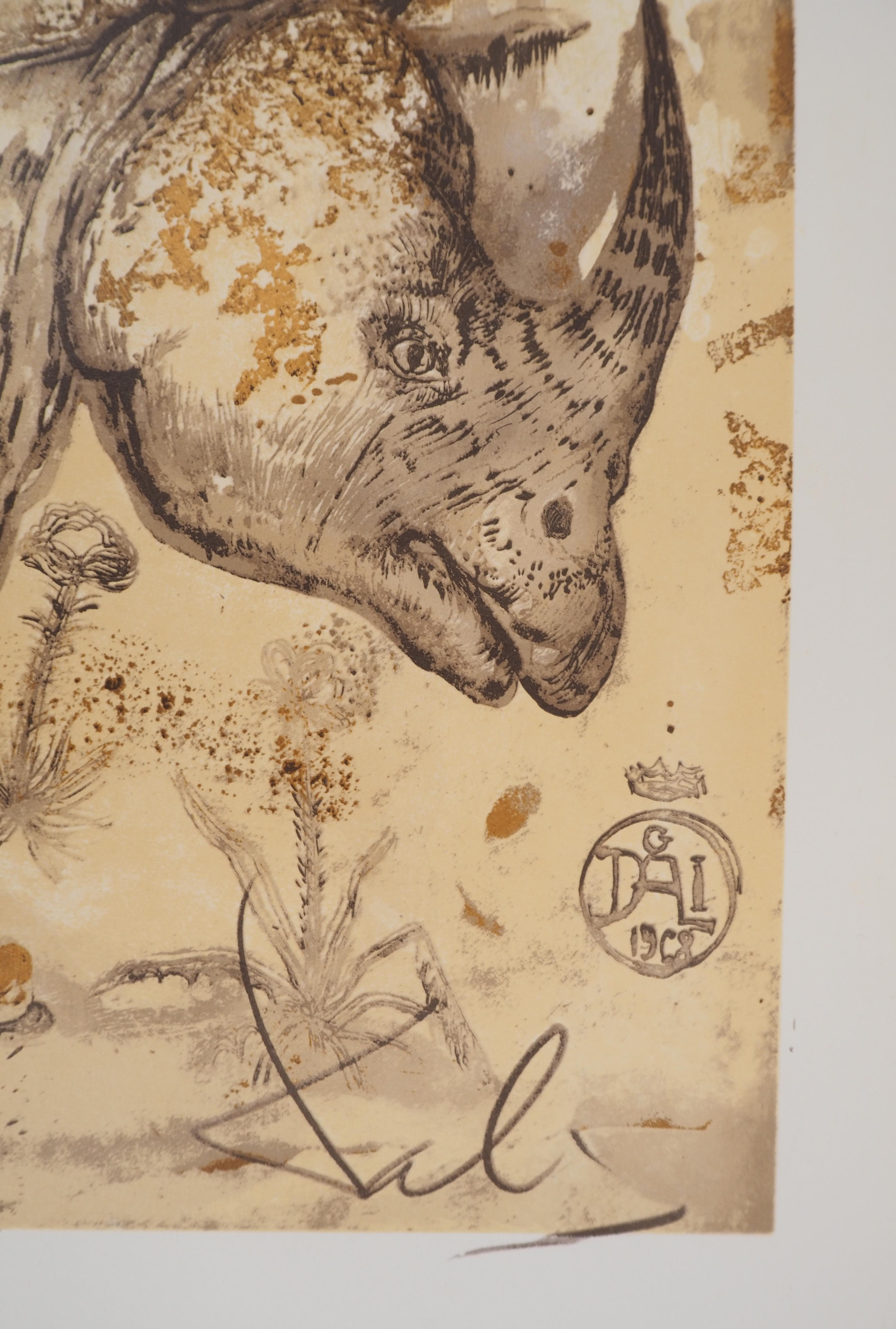 Rhinoceros, Hommage an Albrecht DURER – Original-Lithographieplakat (Gaspar #1503), Rhinoceros (Surrealismus), Print, von Salvador Dalí