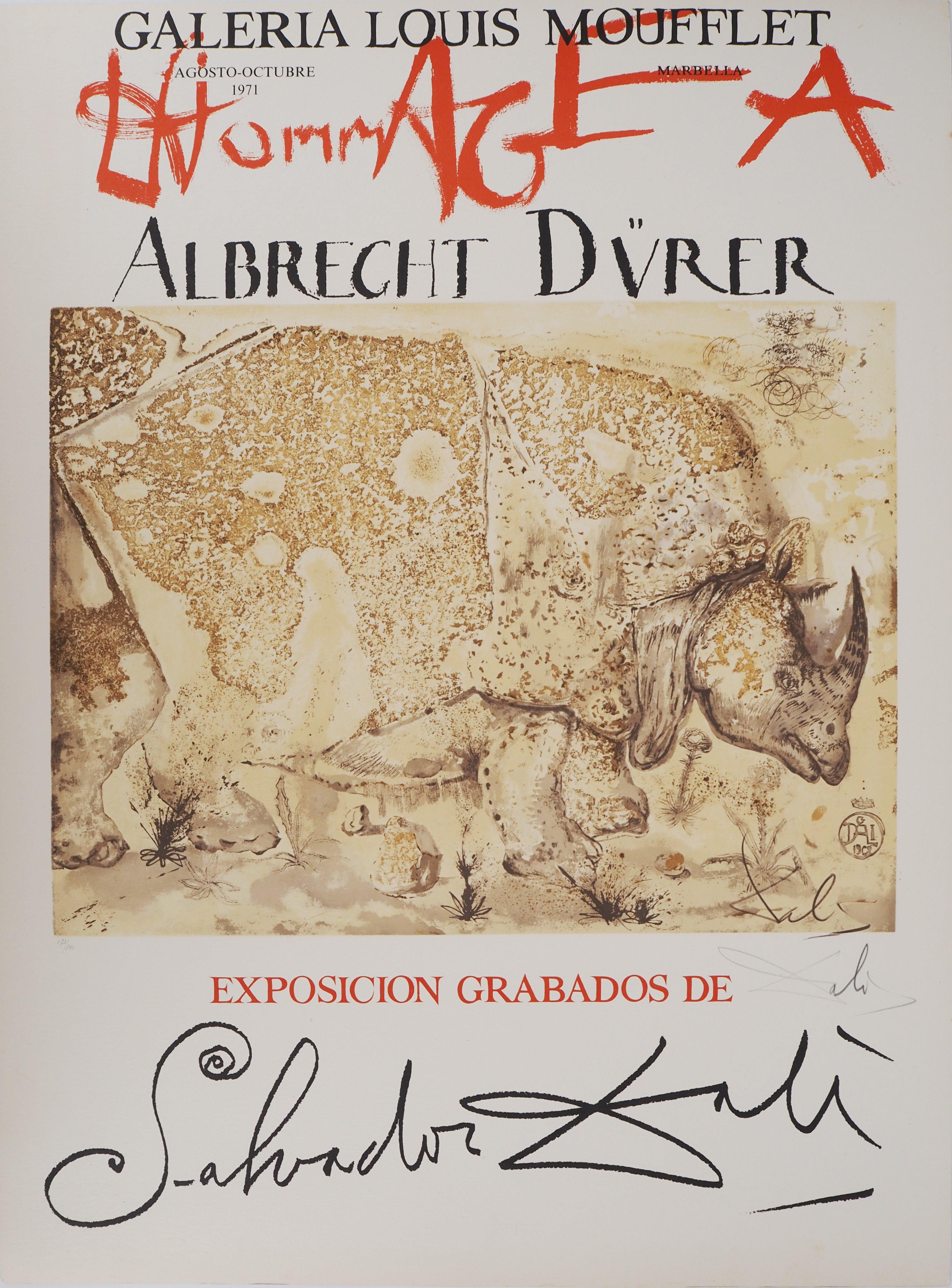 Salvador Dalí Animal Print – Rhinoceros, Tribute to Albrecht DURER – signiertes Lithographieplakat (Gaspar #1503)