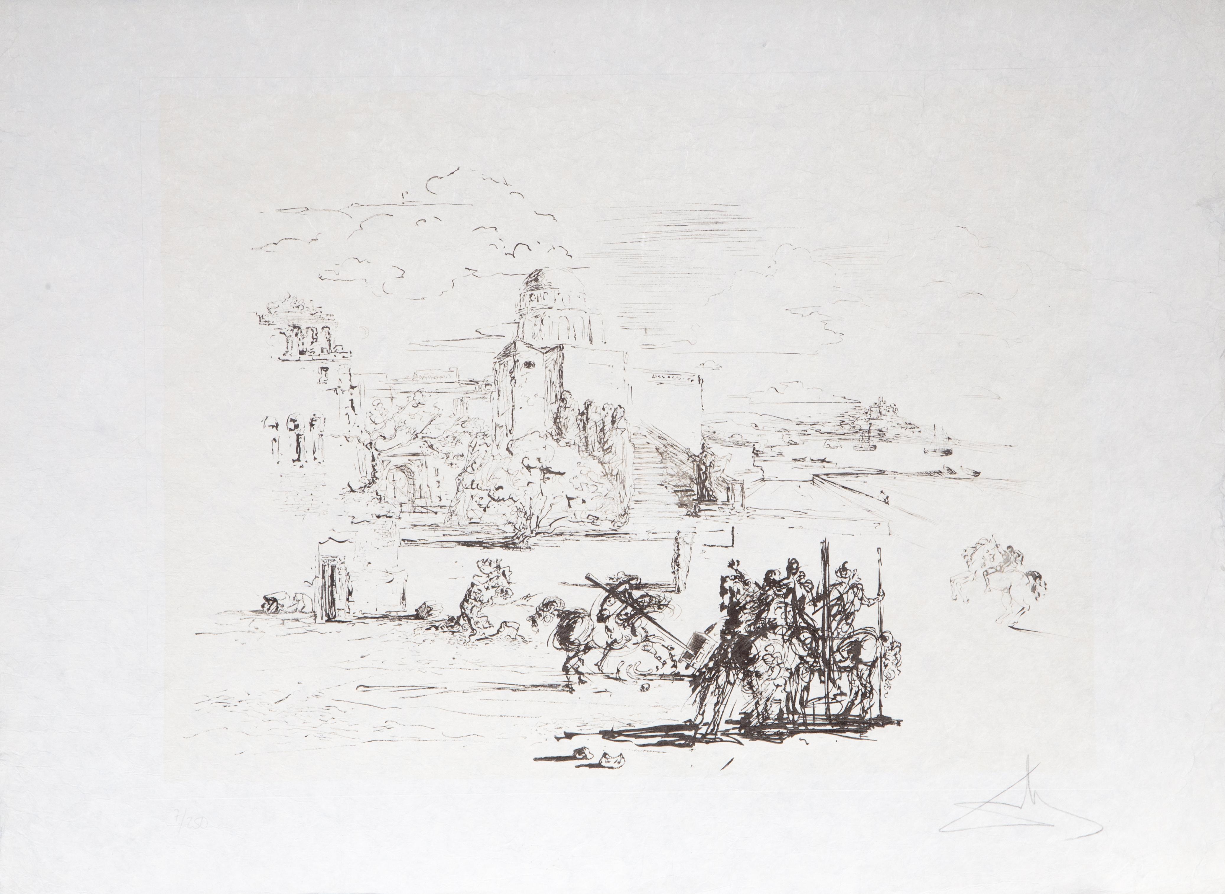Salvador Dalí Landscape Print - Road To Ampurdam (Rome and Cadaques), Letterpress and Engraving by Salvador Dali