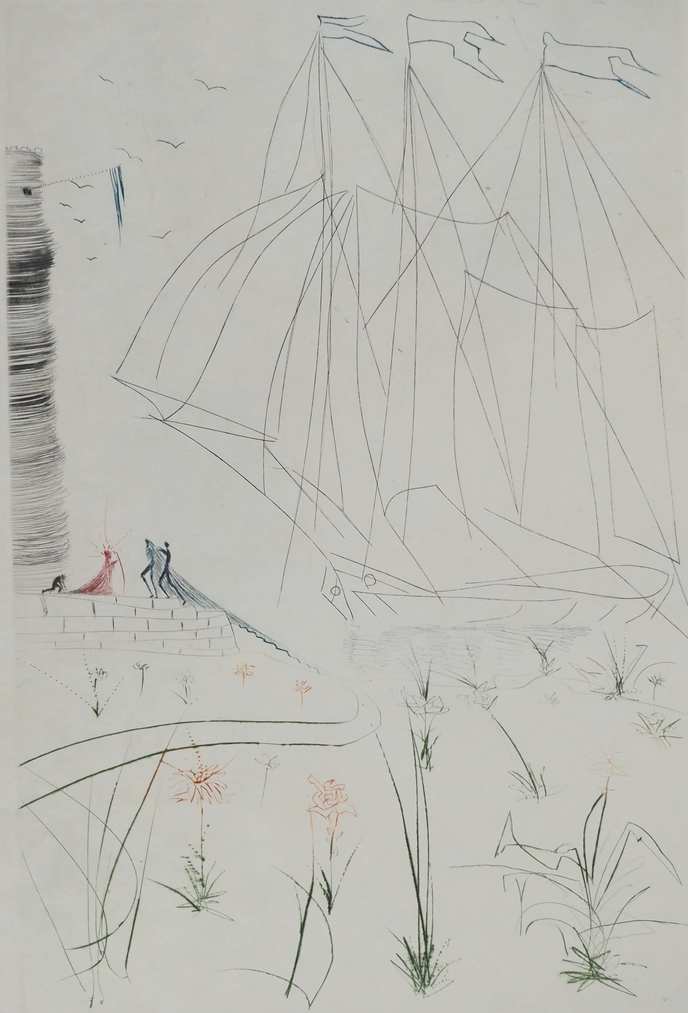 Segelboot: Iseult's Arrival – Original-Radierung, handsigniert (Feld #70-10 G) (Surrealismus), Print, von Salvador Dalí