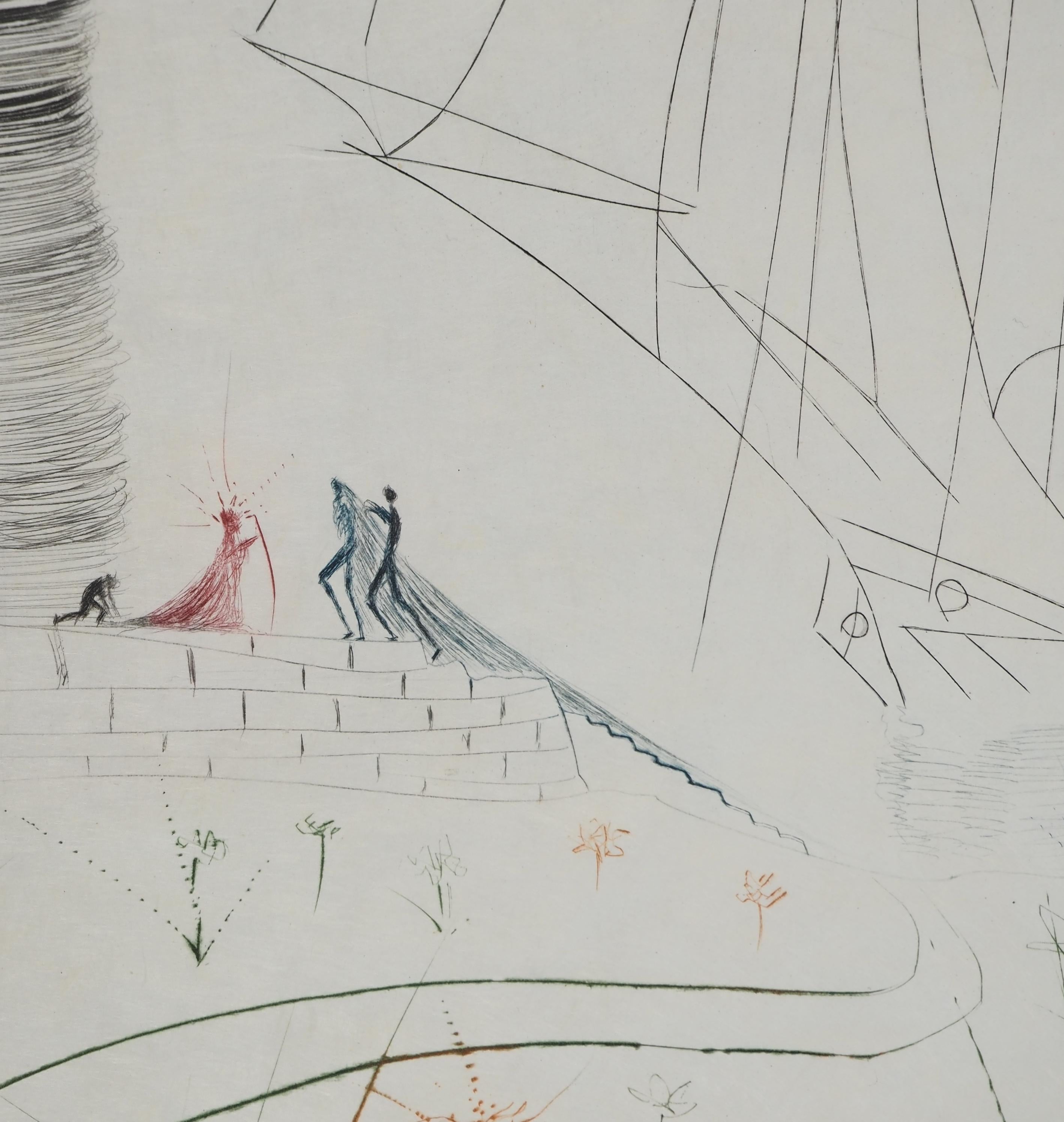 Segelboot: Iseult's Arrival – Original-Radierung, handsigniert (Feld #70-10 G) (Grau), Figurative Print, von Salvador Dalí