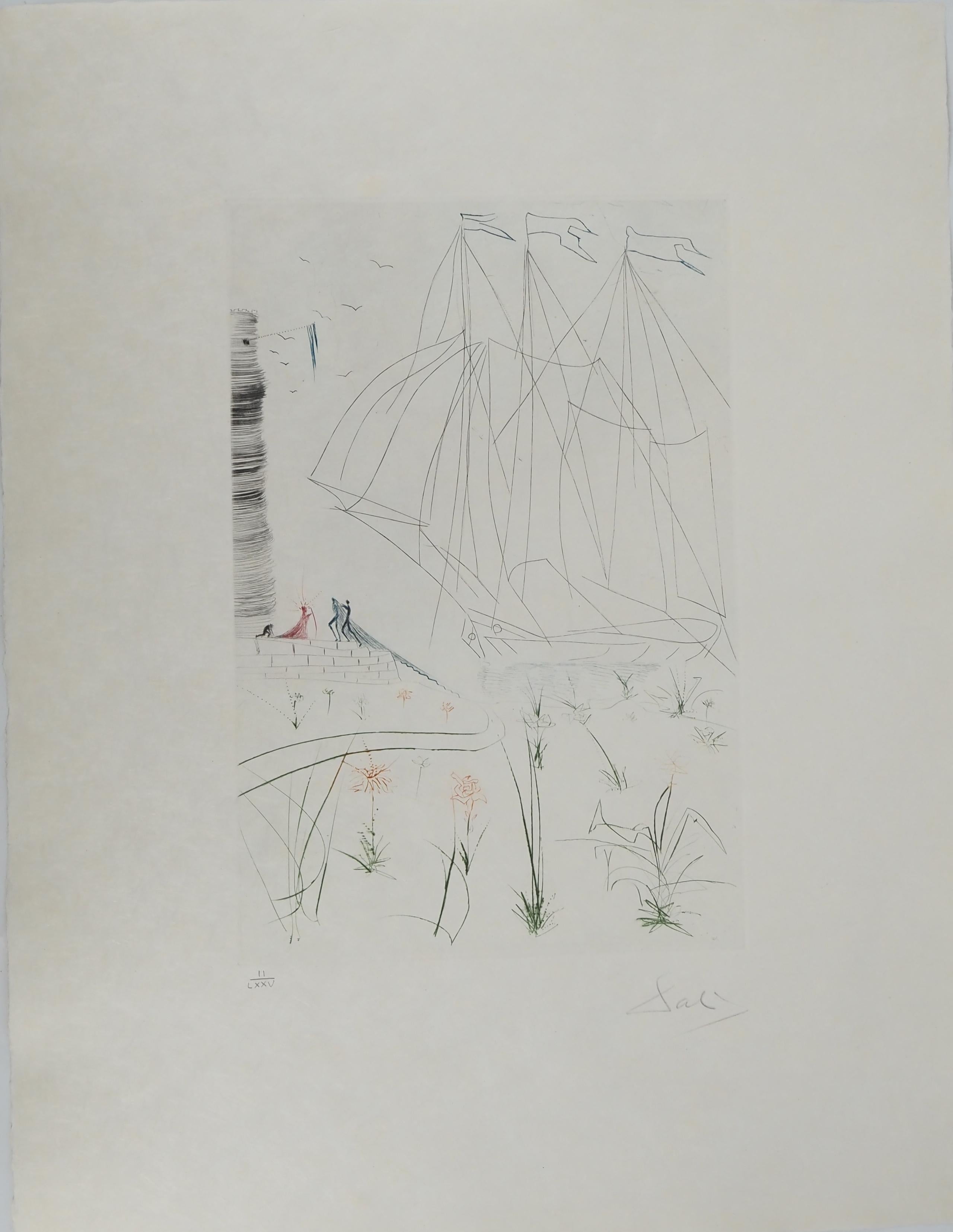 Salvador Dalí Figurative Print – Segelboot: Iseult's Arrival – Original-Radierung, handsigniert (Feld #70-10 G)