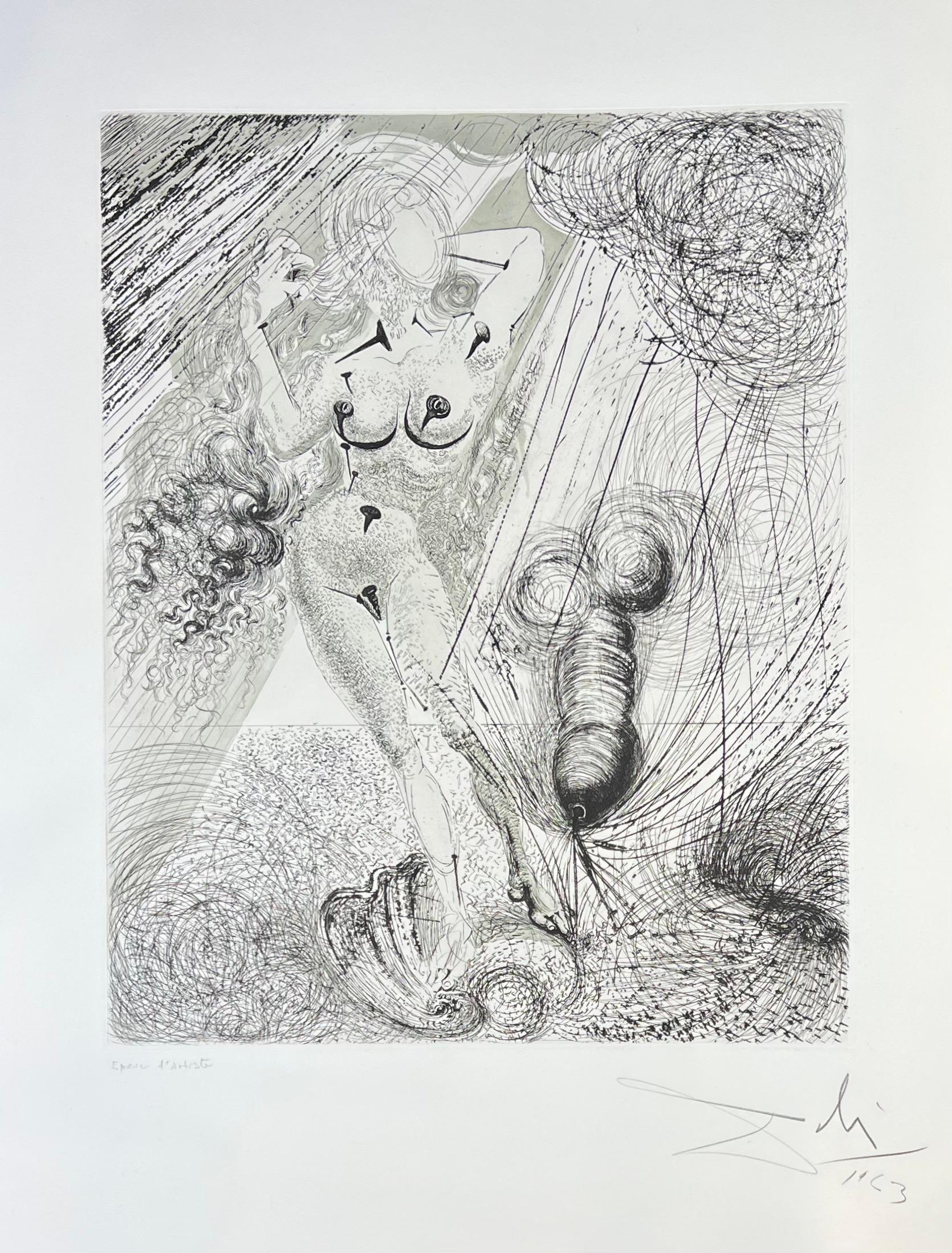Salvador Dalí ( 1904 - 1989 ) - Afrodite - acquaforte a tecnica mista firmata a mano 1
