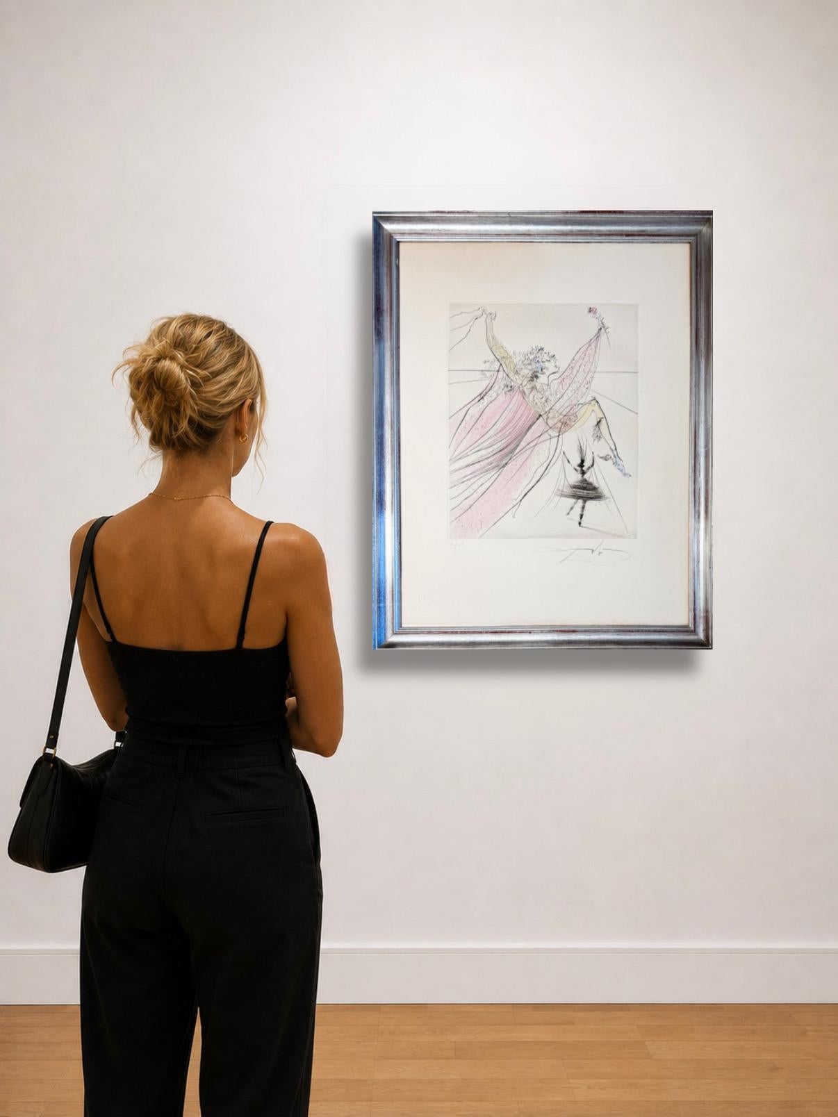 Hand-coloured drypoint etching on Arches paper, edited in 1971.
Limited edition of 145 copies, numbered as 89/145 in lower left corner. 
Hand-signed in pencil by artist in lower right corner.

Plate size: 41 x 33 cm
Paper size: 50 x 65 cm 
Framed
