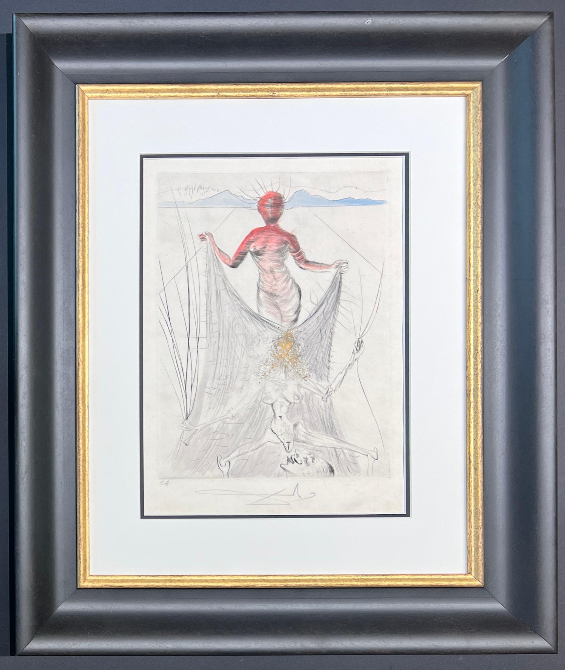 Acquaforte a punta secca acquerellata a mano su carta giapponese finissima, edita nel 1969.
Edizione limitata di 145 copie acquerellate, numerate in basso a sinistra EA (Epreuve d'artist) (Prova d'artista)
Firmato a matita dall'artista nell'angolo
