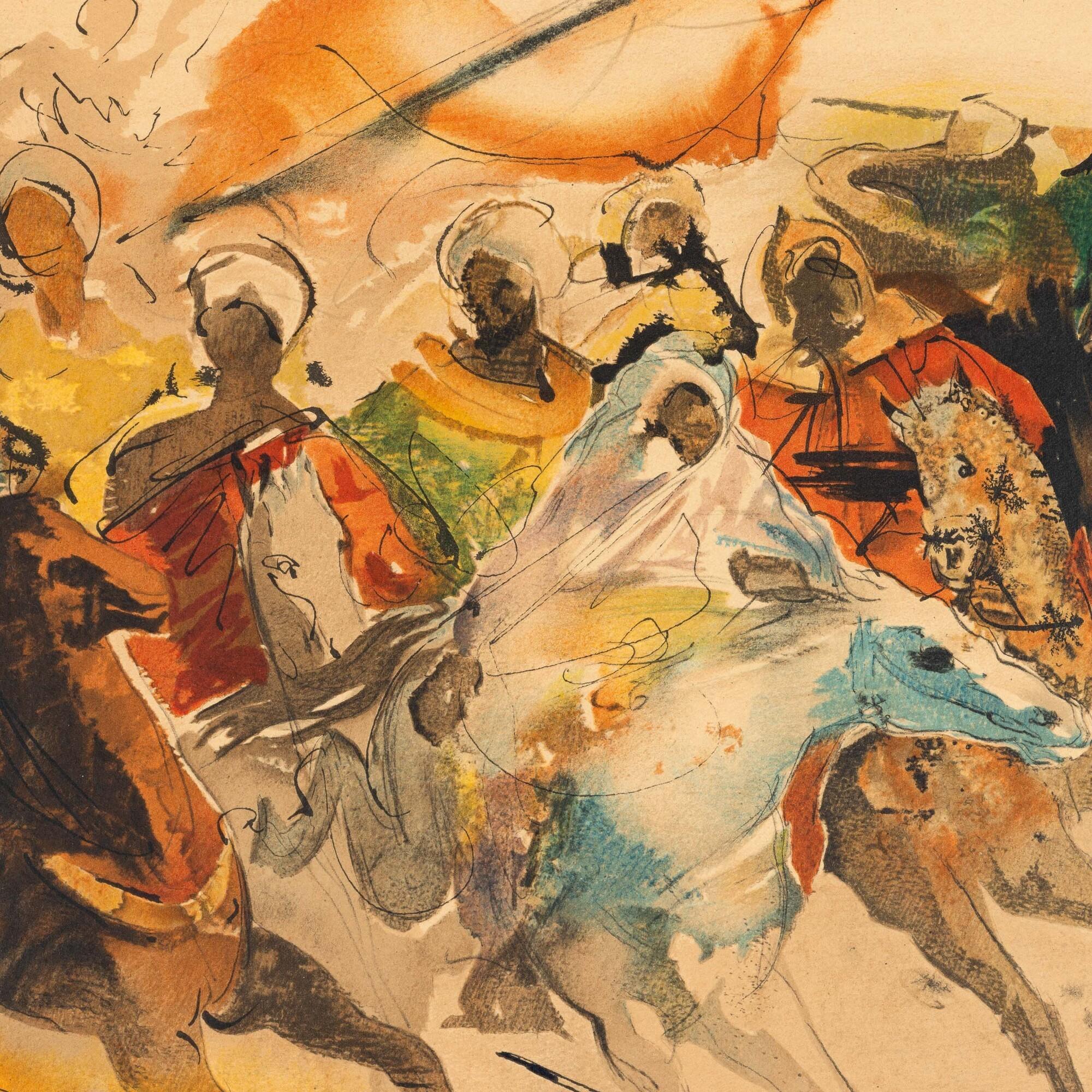 Coloured lithograph on Arches paper, edited in 1971.
Limited edition in 145 copies.
Numbered as 95/145 in lower left corner.
Hand-signed in pencil by artist in lower right corner.

Paper size: 53,8 x 60.5 cm
Very good conditions with deep strong