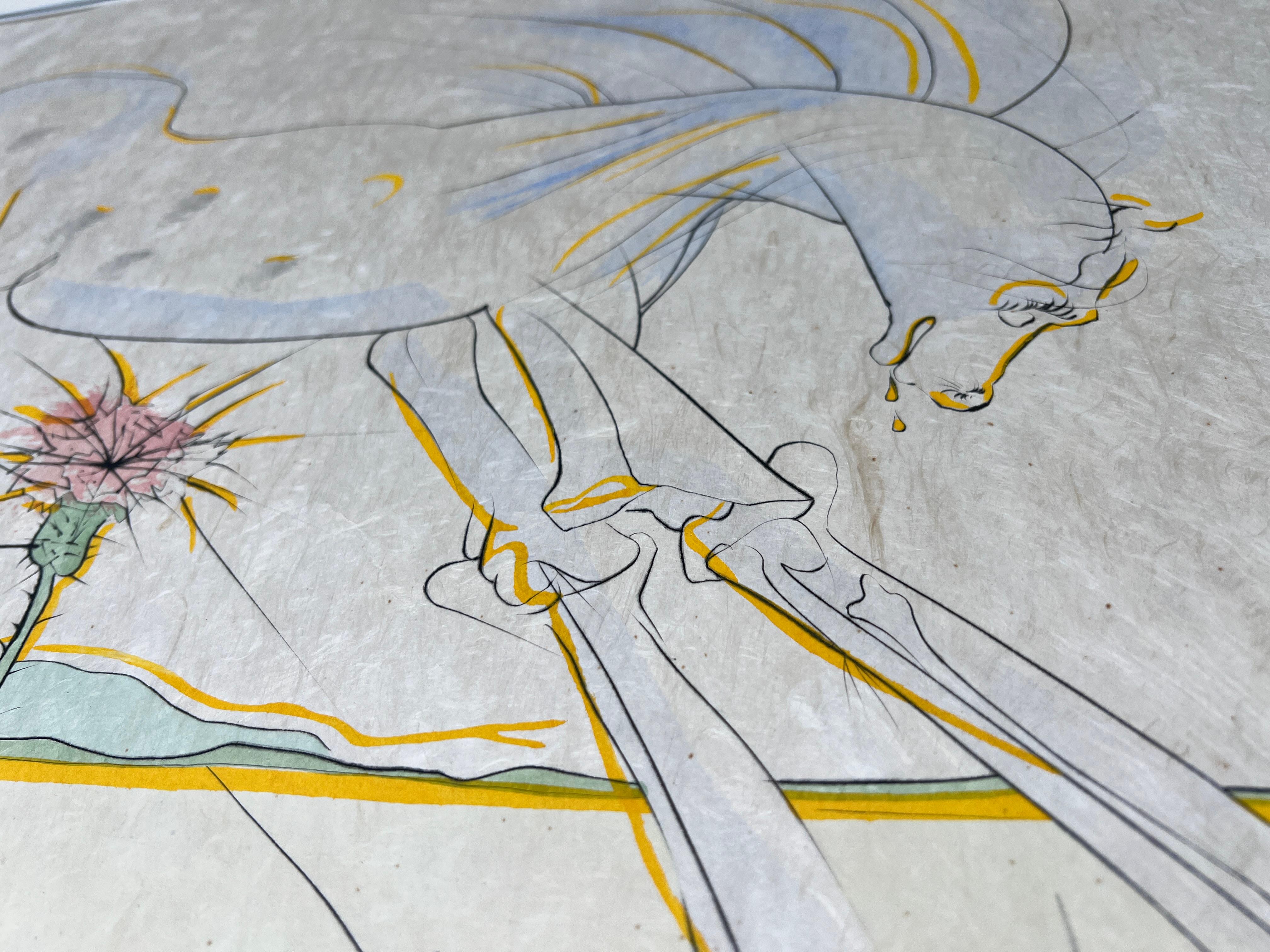 aguafuerte en punta seca con estarcido sobre papel japonés extremadamente fino , Editado en 1974
Edición limitada, numerada 245/250 en la esquina inferior izquierda.
Firmado a lápiz por el artista en la esquina inferior derecha.
Tamaño del papel: 57