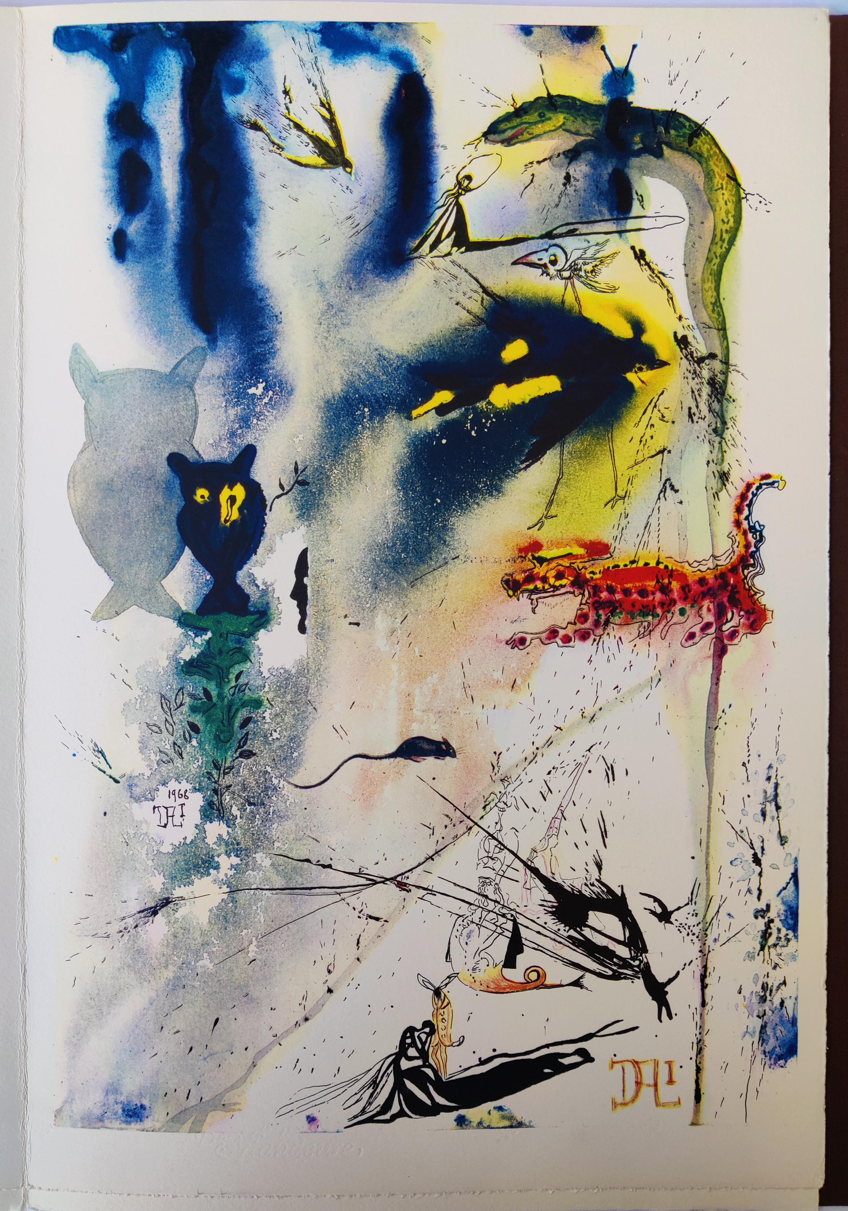 Salvador Dali 
Ein Caucus-Rennen und ein langes Märchen aus Dalís Alice im Wunderland, 1969
Lithografie und Titelseiten mit goldgeprägtem Samtumschlag Dali/Alice
Vorzeichenlos
Blattgröße: 17"  x 11 1/2" 
Veröffentlicht von Maecenas Press-Random