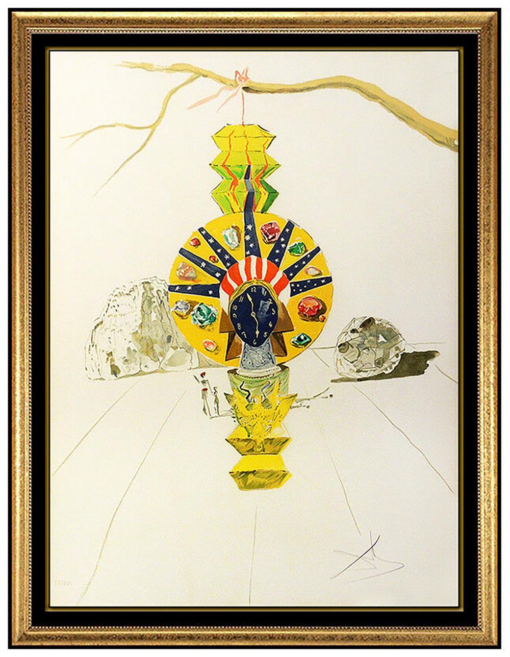 Salvador Dalí Abstract Print - Salvador Dali American Clock Time Hand Signed Color Lithograph Surreal Artwork