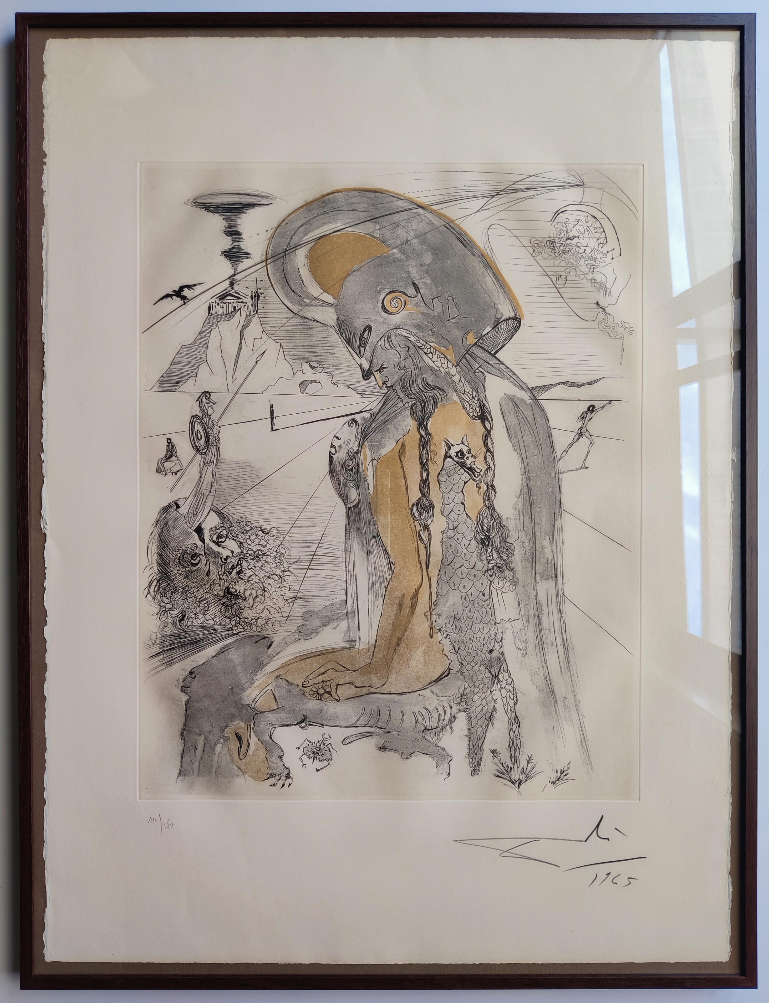 Salvador Dalí 

"Athene" from the series "Mythologie".  1965
Coloured etching, 
Signed and dated low right 
Edition number: 111/150
Literature  Michler & Löpsinger cat. 130.
Plate. 52.5 x 42 cm
Frame 80 x 61 x 2.5 cm
Framed with the wooden style