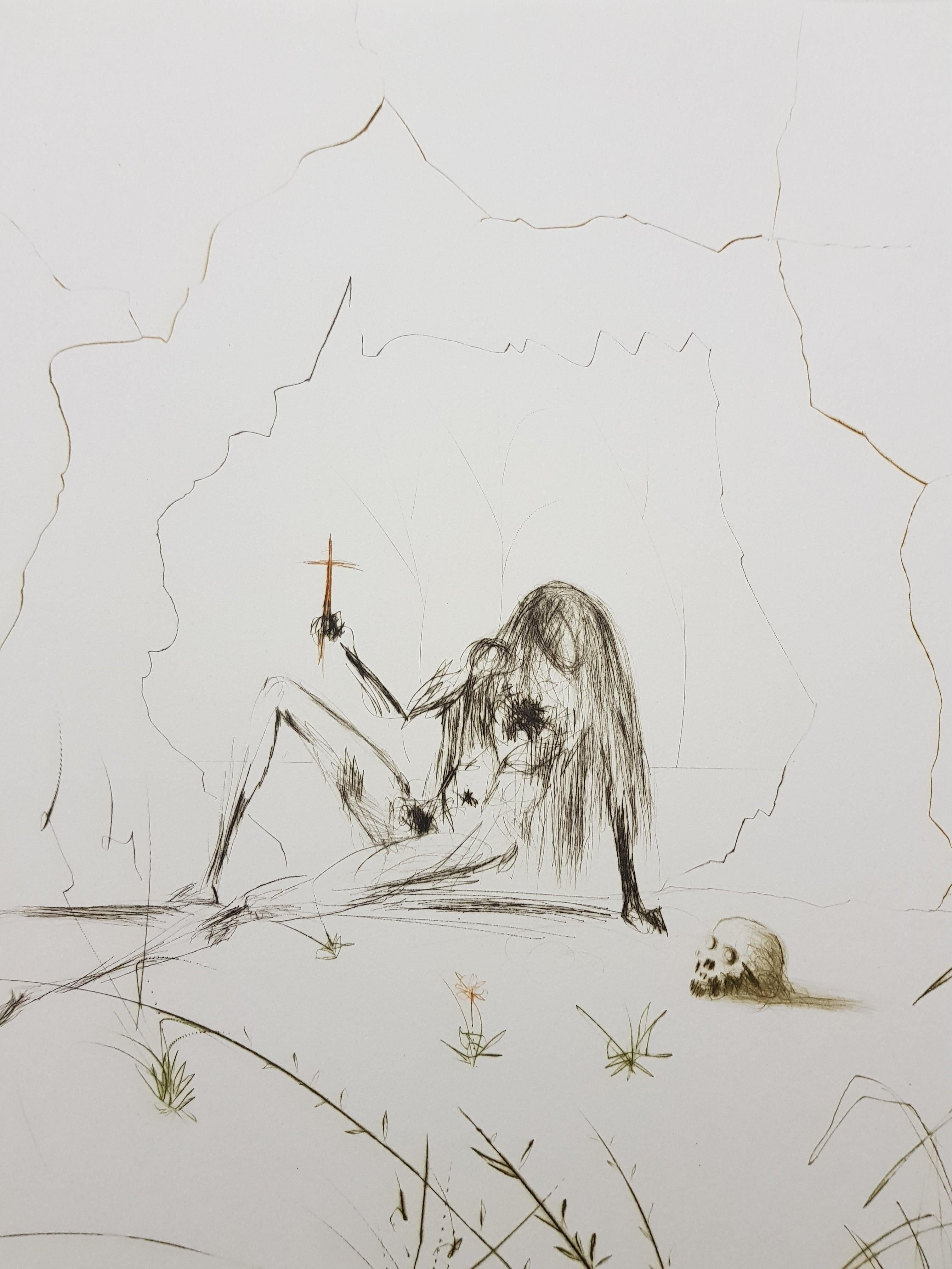 Salvador Dali - Brother Ogrin, The Hermit - Original Etching - Gray Nude Print by Salvador Dalí