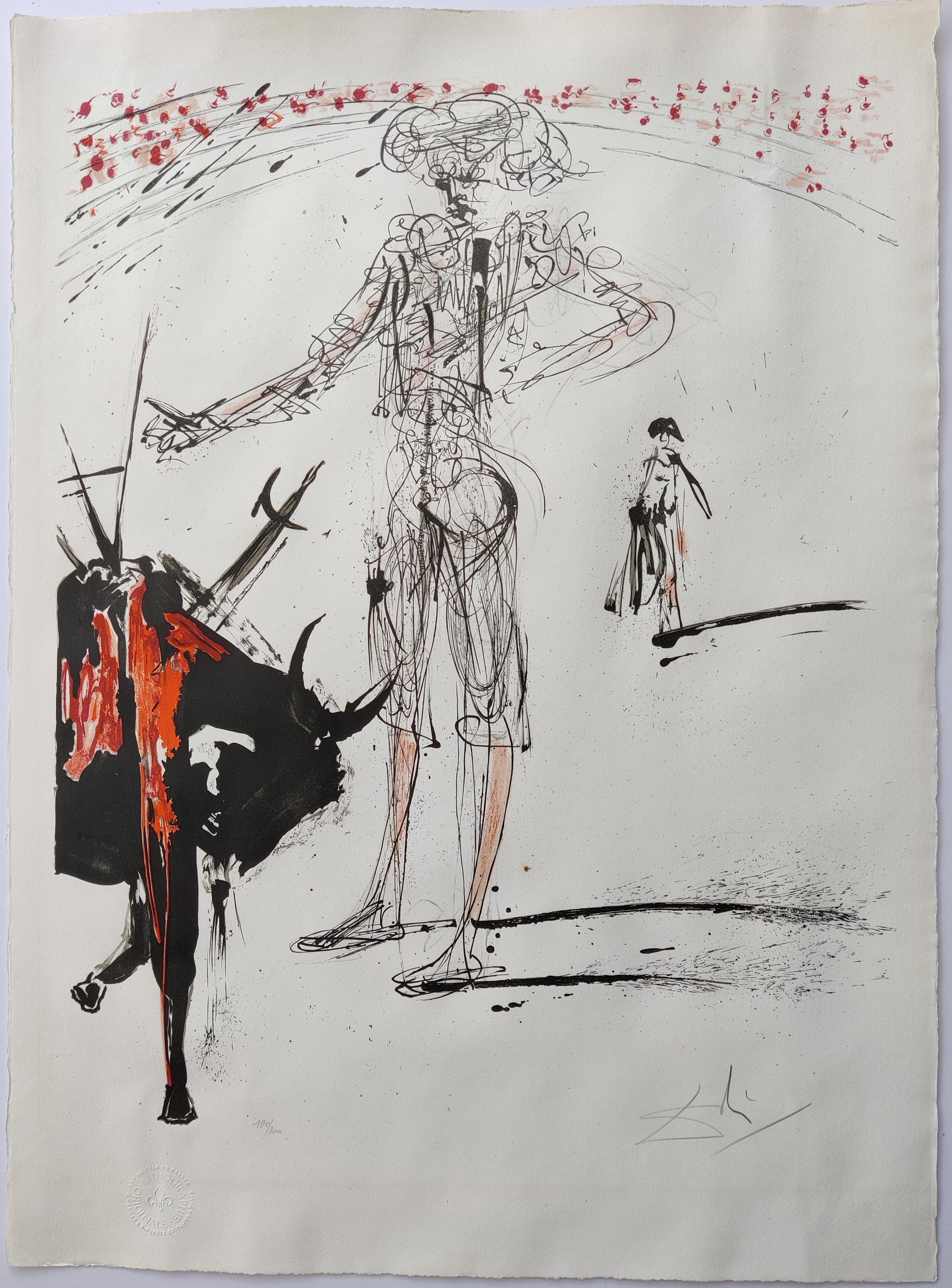 SALVADOR DALÍ
Corrida #4., 1965
Litografia a colori
Firmato a mano e numerato 190/300 a matita, nel margine inferiore.
Dimensioni del foglio: 64 x 52,5 cm
Pubblicato da Sydney Z. Lucas, Parigi, con timbro a inchiostro in basso a sinistra.