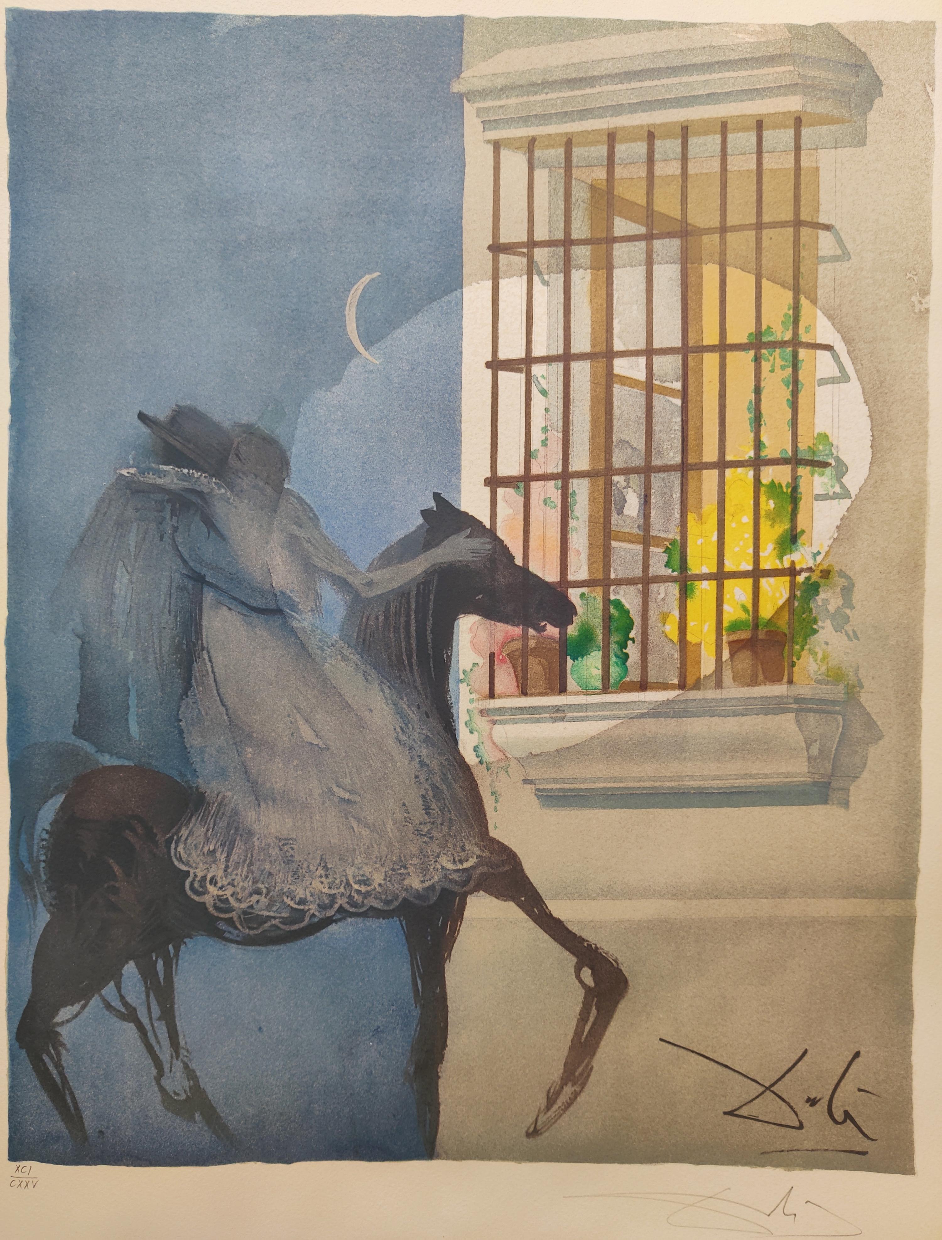 Salvador Dali 
Title: Carmen and Don José fleeing on horseback from the Opera Carmen, 1970
Color lithograph
Edition XCI / CXXV
Hand Signed lower right
Published by Shorewood Publishers, New York
Reference: Field 70-1 K
