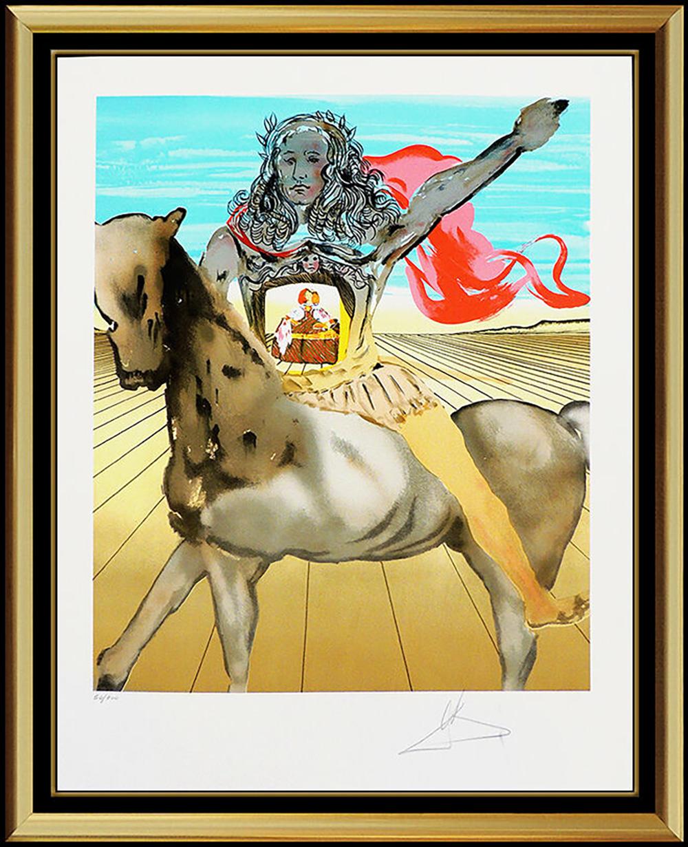 Salvador Dalí Portrait Print - Salvador Dali Chevalier Surrealist Authentic Hand Signed Color Lithograph Horse