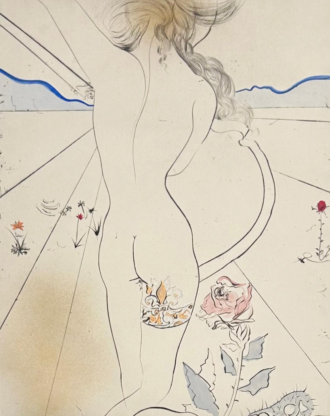 Salvador Dali Farbradierung, 1969, Frau mit Strumpfband, aus Die Hippies