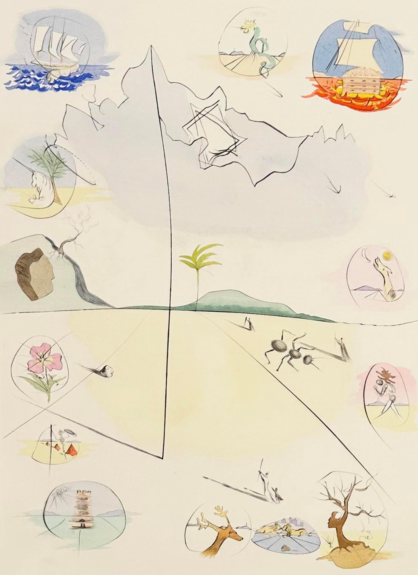Salvador Dali Color Etching, Signed, 1973, Symbols of Twelve Tribes of Israel