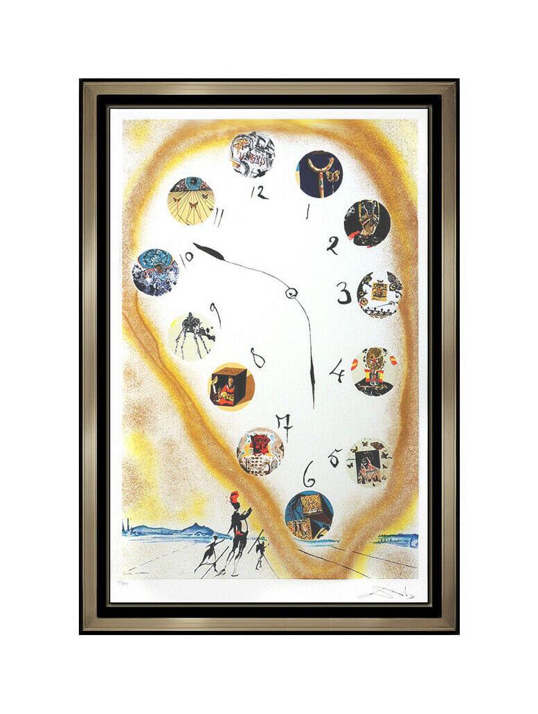 Salvador Dalí Abstract Print - Salvador Dali Color Lithograph Hand Signed Time And Space Surreal Clock Artwork