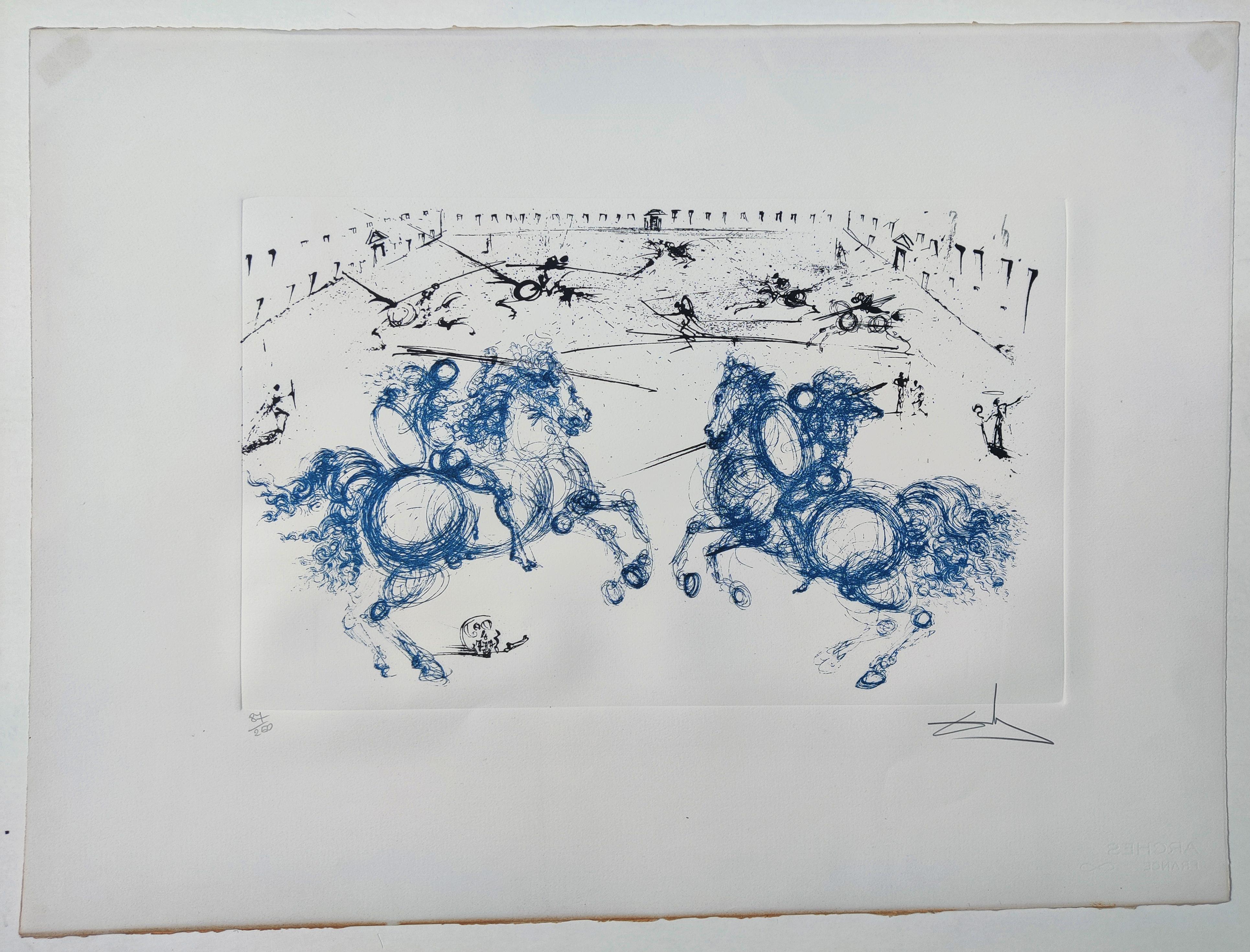 Salvador Dalí­  
Combat de Cavaliers
Color etching and aquatint, 1970-71
Published by Editeuropa, Monaco. From La vida es sueño
Hand signed lower right and numbered 87/250 lower left
Image:  32 x 52 cm
Sheet:  56 x 76 cm
Unframed
