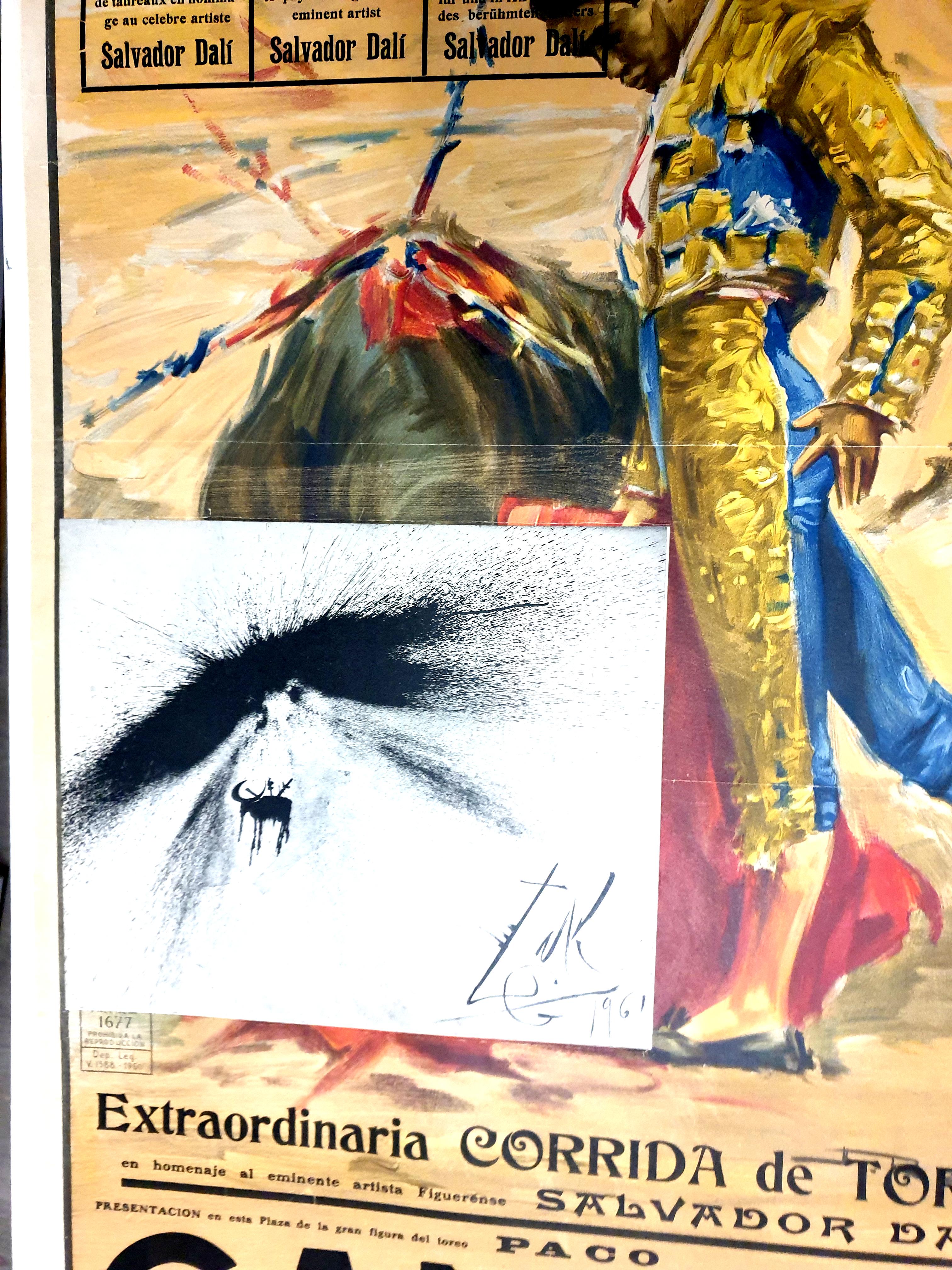 Salvador Dali - Corrida - Poster vintage avec gravure
Gravure réalisée derrière un menu au Restautant Duran lors d'un dîner d'hommage à Salvador Dali et sa femme Gala Dali à figueres Espagne, le 12 août 1961.
Dimensions : 105 x 55 cm
1961
Très rare