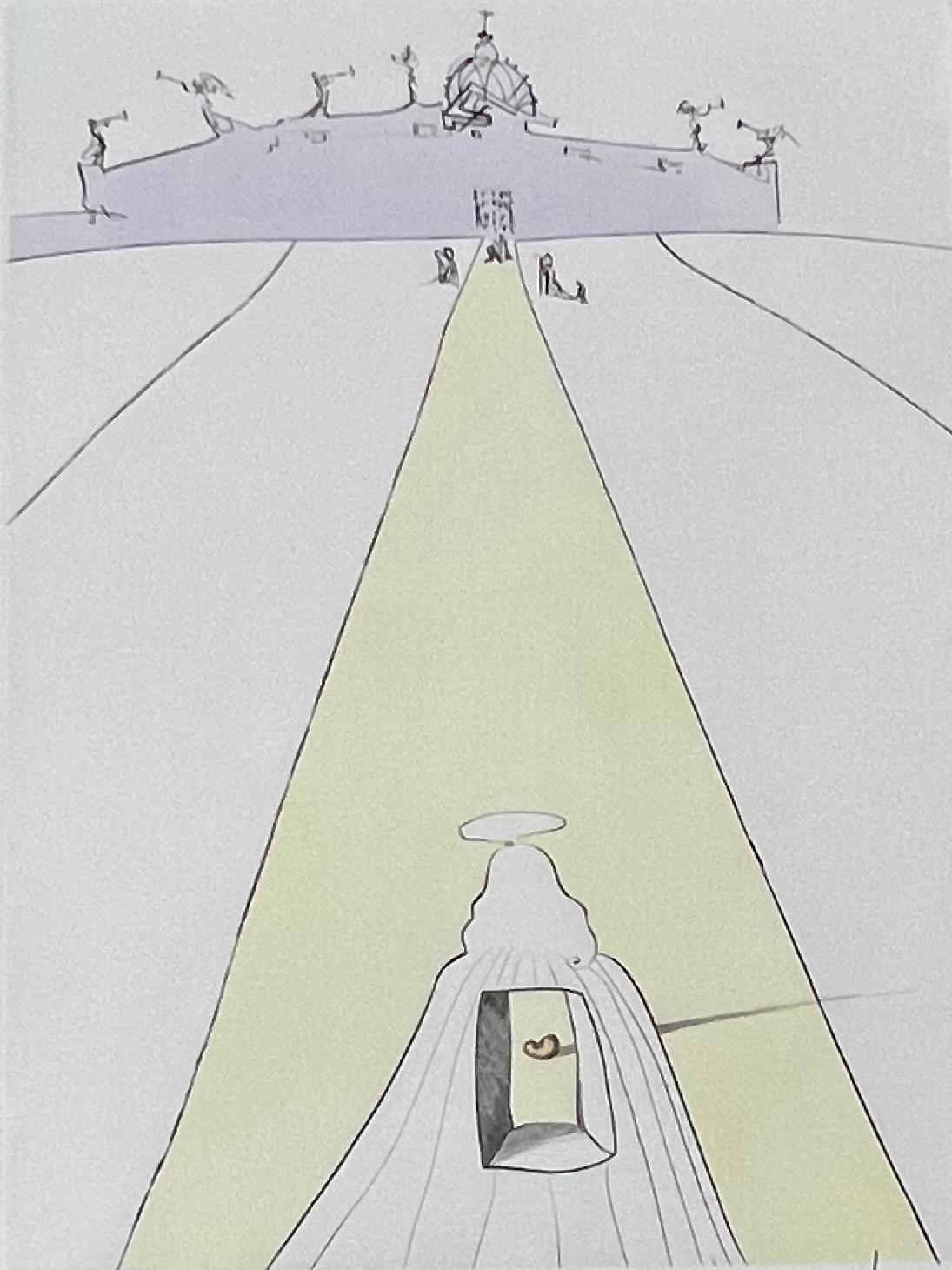 Salvador Dalí 
"Dieu, le temps, l'espace, et le Pape", extrait de "Après 50 ans de surréalisme".
Gravure originale avec coloration à la main, signée au crayon.
1974
Taille de l'image : 15 3/4 x 11 7/8 pouces.
Taille du papier : 26 x 19 3/4 pouces
De