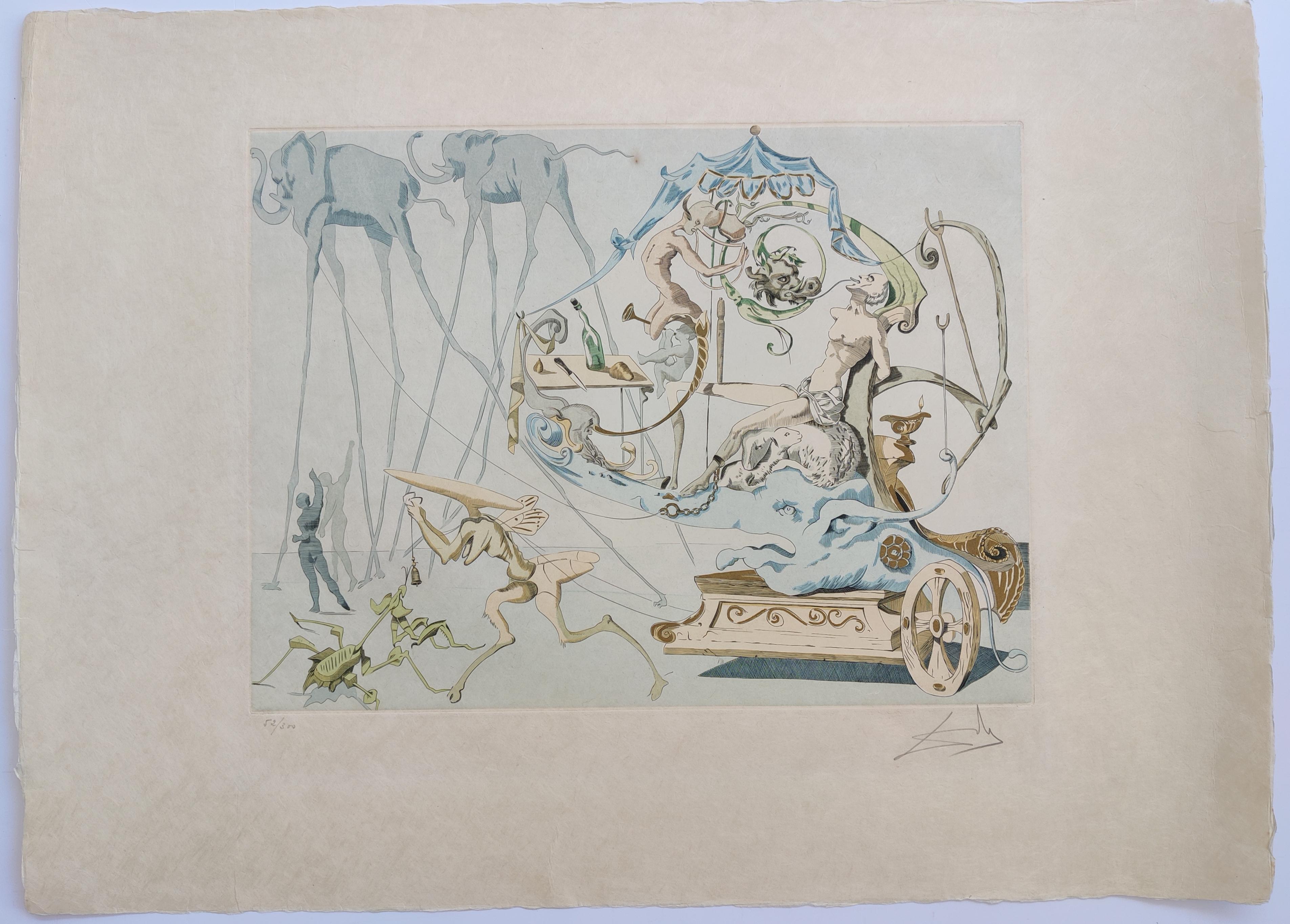 Salvador Dali
Dionysos, 1967
Gravure et aquatinte en couleur
Signé à la main en bas à droite
Numéroté 52/300 en bas à gauche
Taille de la feuille : 76 x 56 cm
Taille de l'image 36 x 48 cm.
Référence Michler/Löpsinger 188 ; Field 67-6.