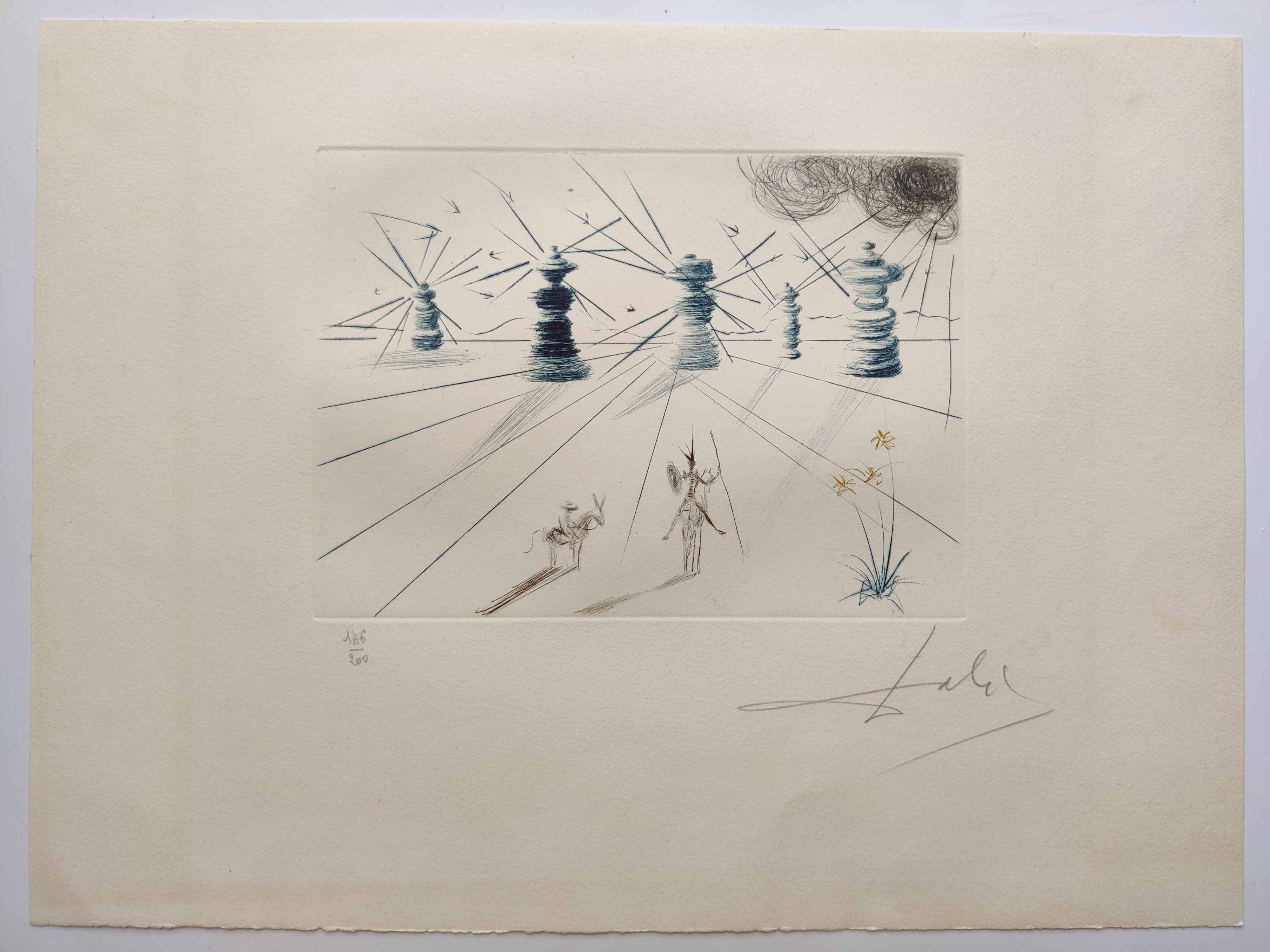 Salvador Dali 
Don Quichotte et Les Moulins a Vent, 1969
Dry point etching in colours on BFK Rives wove
Hand signed and numbered 146 / 200 in pencil
Sheet size 39.5 x 29.5 cm
Image size 21 x 15 cm
Printed by Ateliers Rigal, Fontenay-aux-Roses,