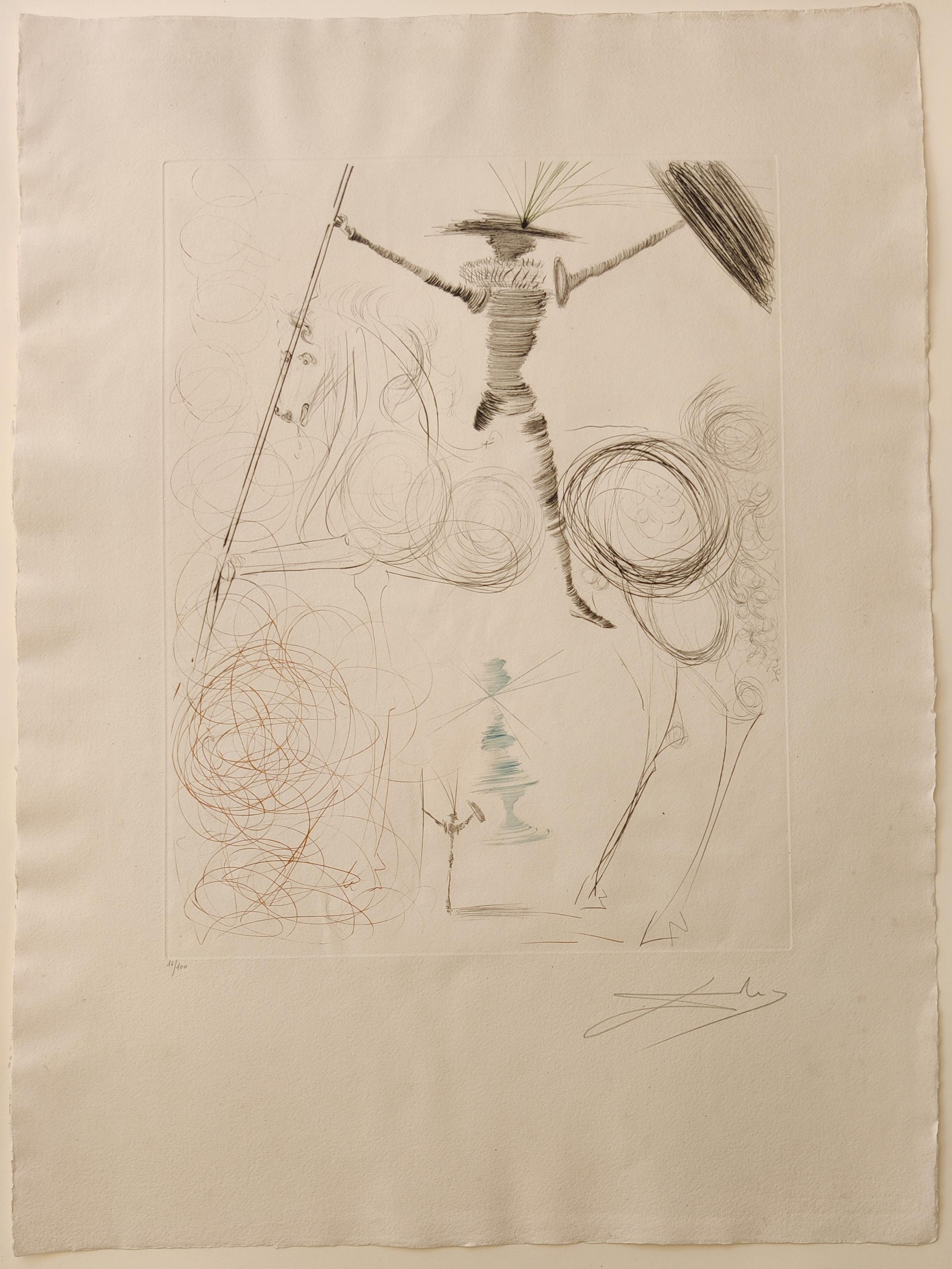 SALVADOR DALÍ
Don Quichotte, 1971
Farbige Kaltnadel 
Handsigniert unten rechts
Nummeriert 16/100
Bildgröße: 51 x 39 cm
Blattgröße: 78,5 x 58,5 cm
Gedruckt bei Ateliers Rigal, Fontenay-aux-Roses.
Herausgegeben von De Fracony, Paris. 
Referenz: