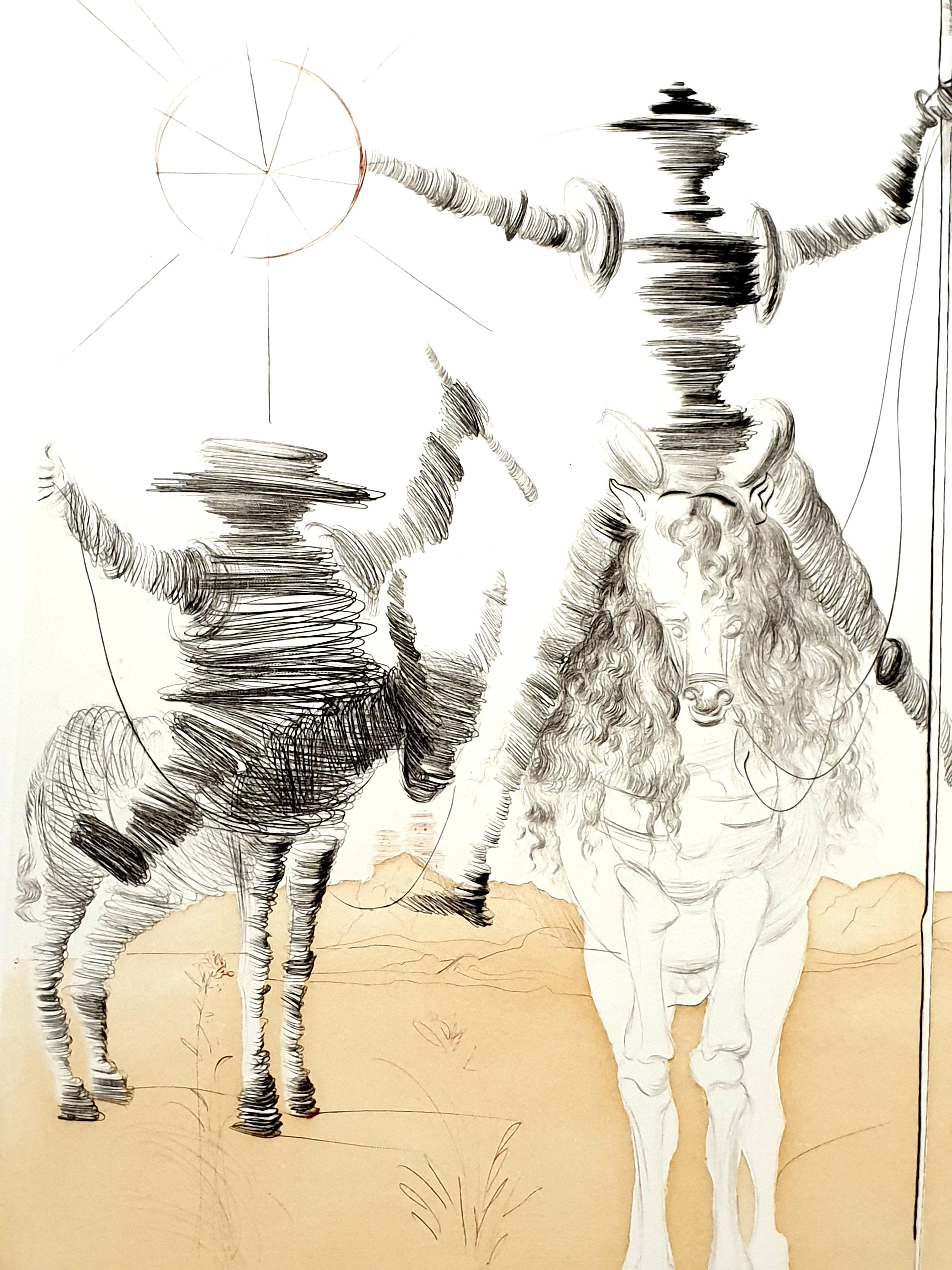 Salvador Dali - Don Quixote et Sancho - Gravure originale signée à la main - Blanc Animal Print par Salvador Dalí