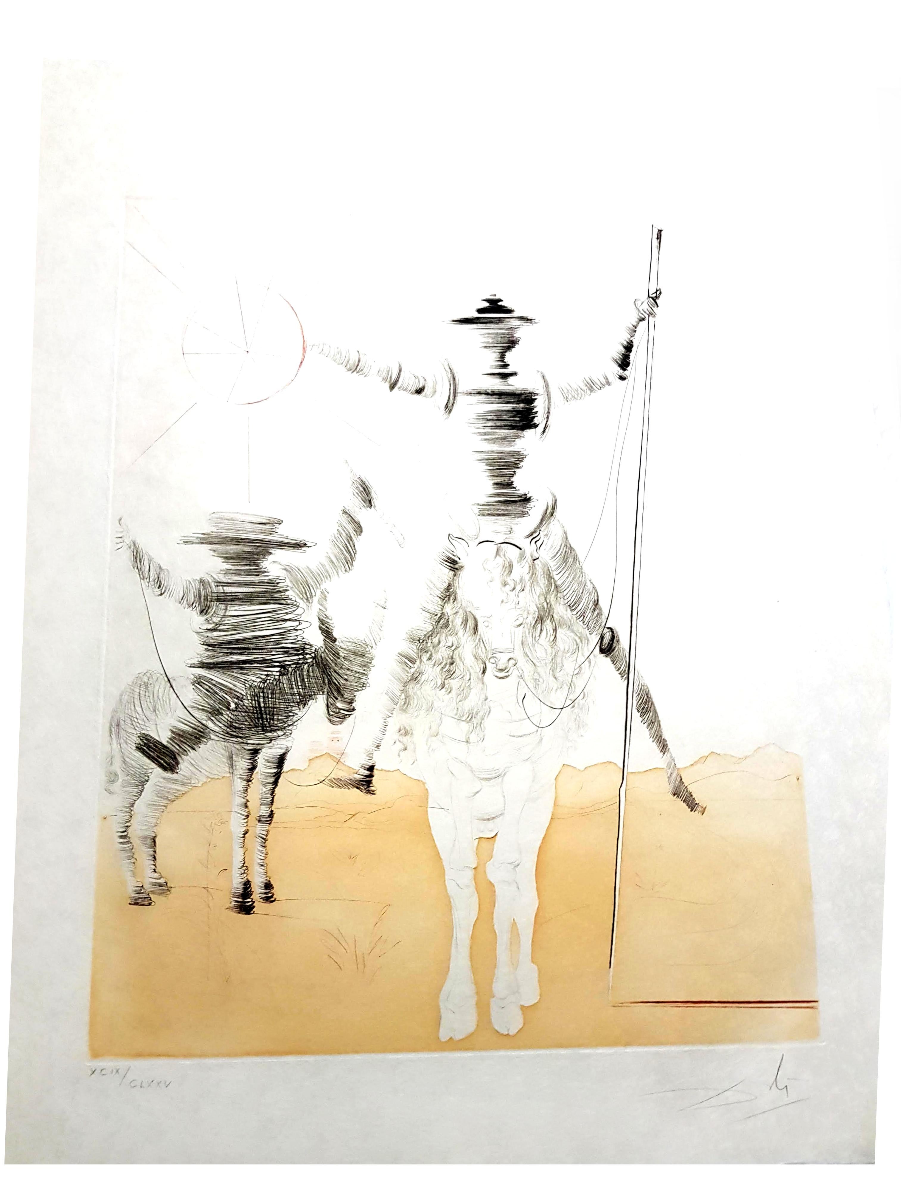 Salvador Dalí Figurative Print - Salvador Dali - Don Quixote and Sancho - Original Hand Signed Etching