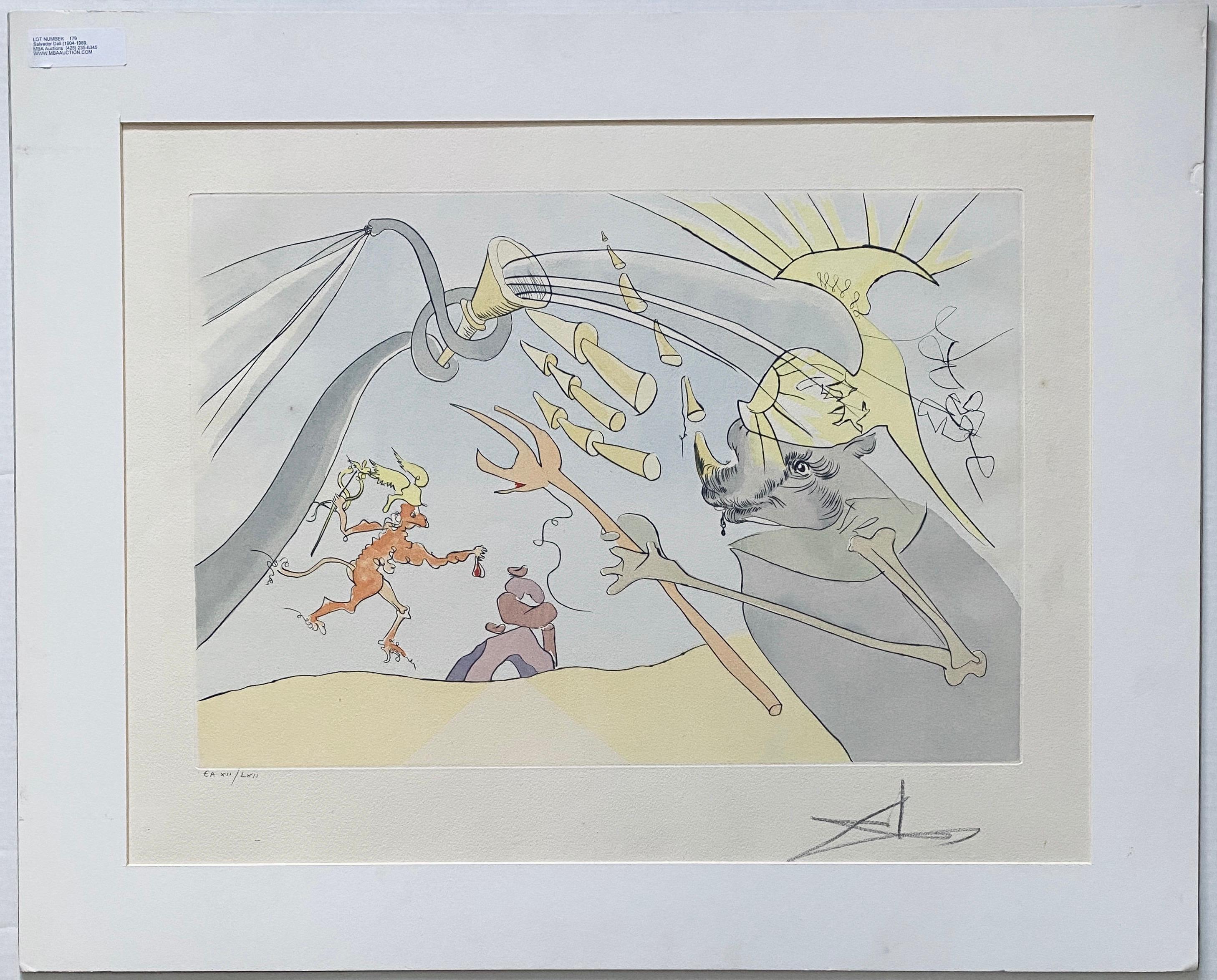 Salvador Dali Elefant signiert Radierung Gravur Surreale Farbe Lithographie Pochoir (Grau), Animal Print, von Salvador Dalí