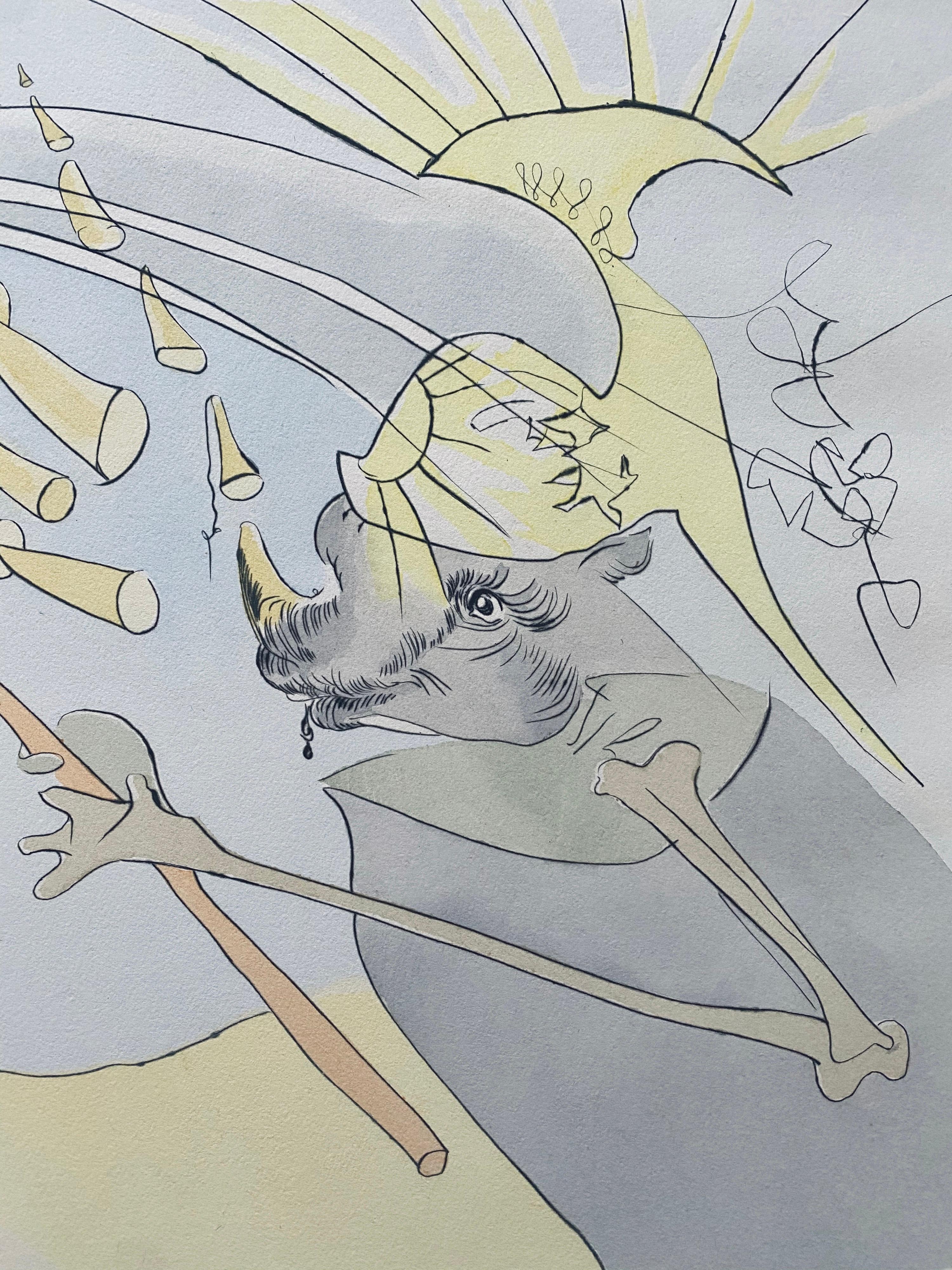 Original signierte Kaltnadelradierung des spanischen Künstlers Salvador Dali mit Farbpochoir mit dem Titel „l' Elephant et le Singe de Jupiter“:: die einen Elefant und mythische Knicke darstellt:: aus dem Portfolio: Le Bestiaire de la Fontaine. Mit