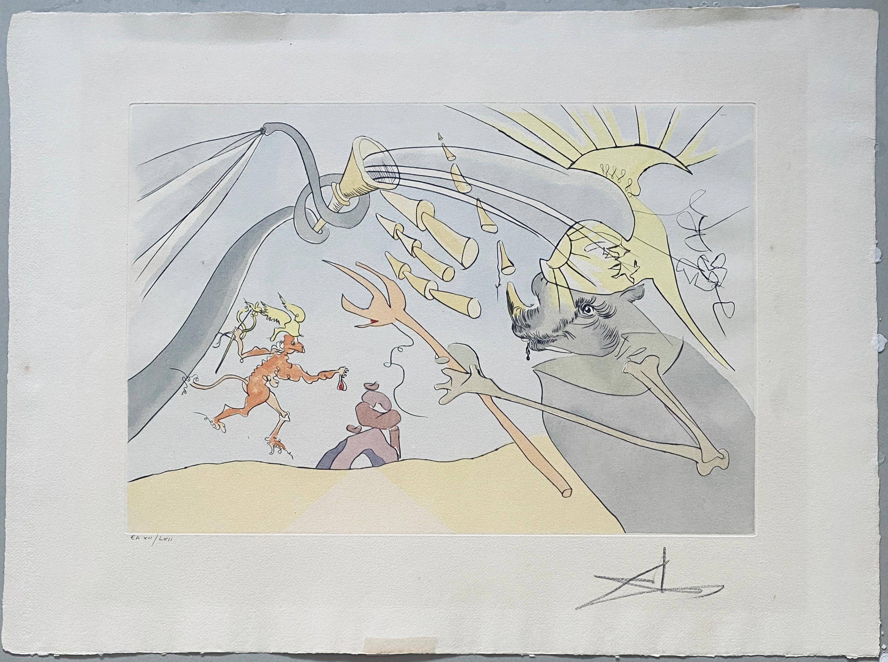 An original signed drypoint etching with color pochoir by Spanish artist Salvador Dali titled 