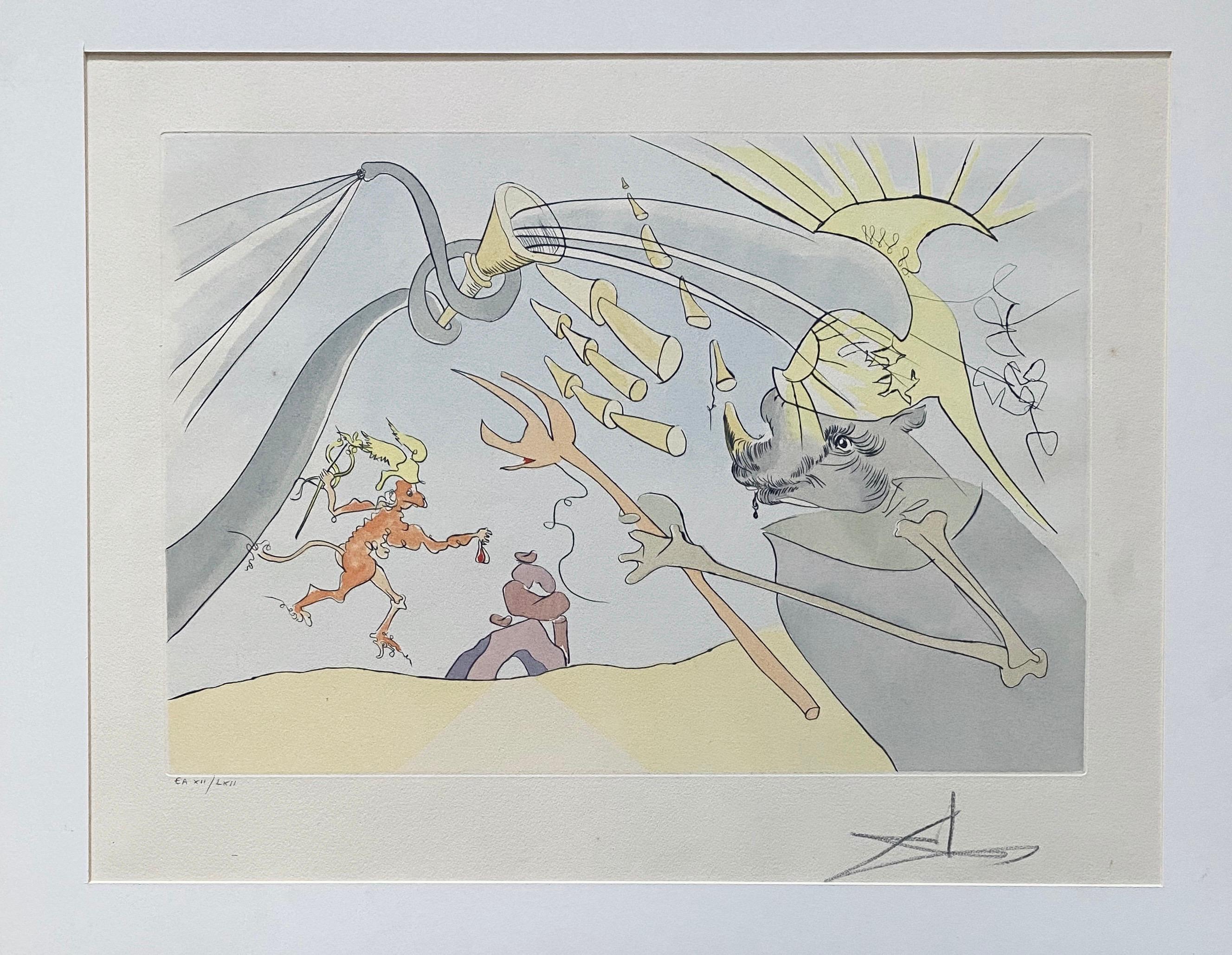 Salvador Dalí Animal Print - Salvador Dali Elephant Signed Etching Engraving Surreal Color Lithograph Pochoir