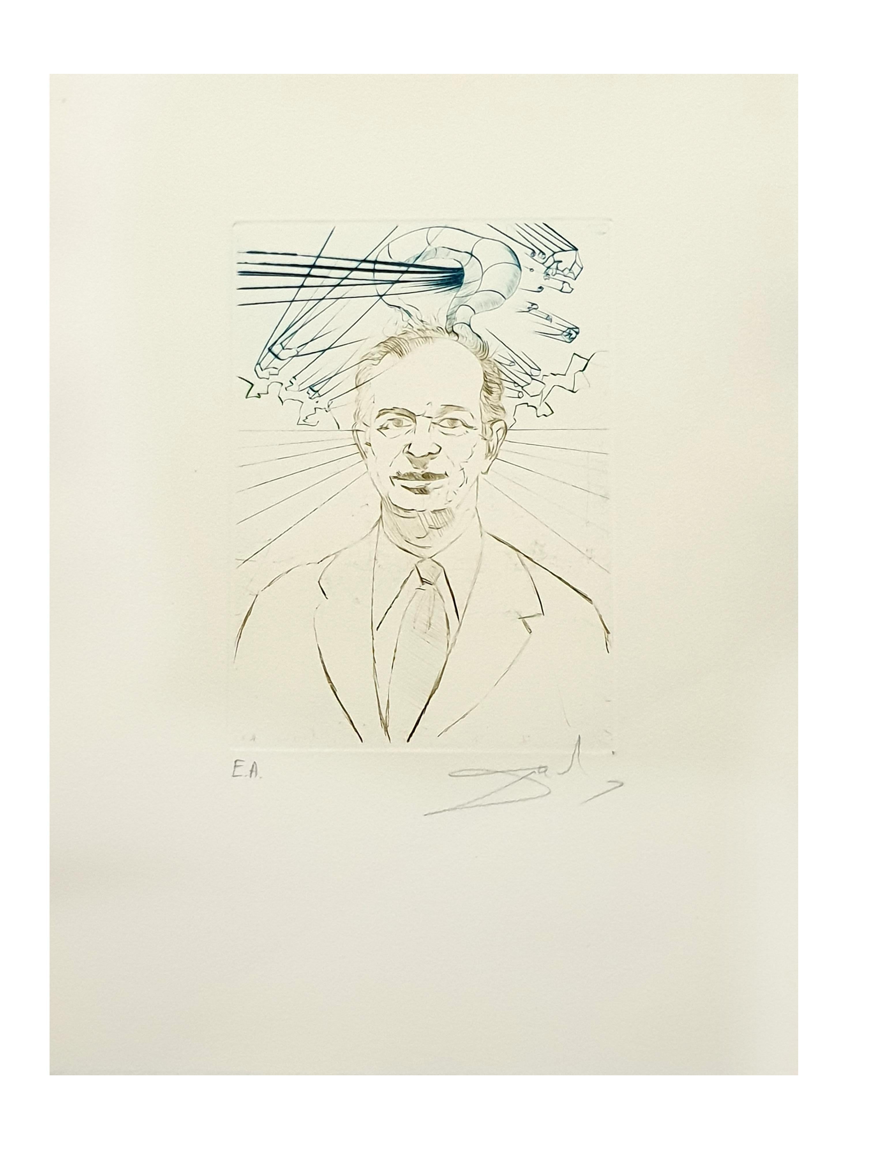 Salvador Dali - Enrico Fermi - Original Handsigned Engraving - Print by Salvador Dalí