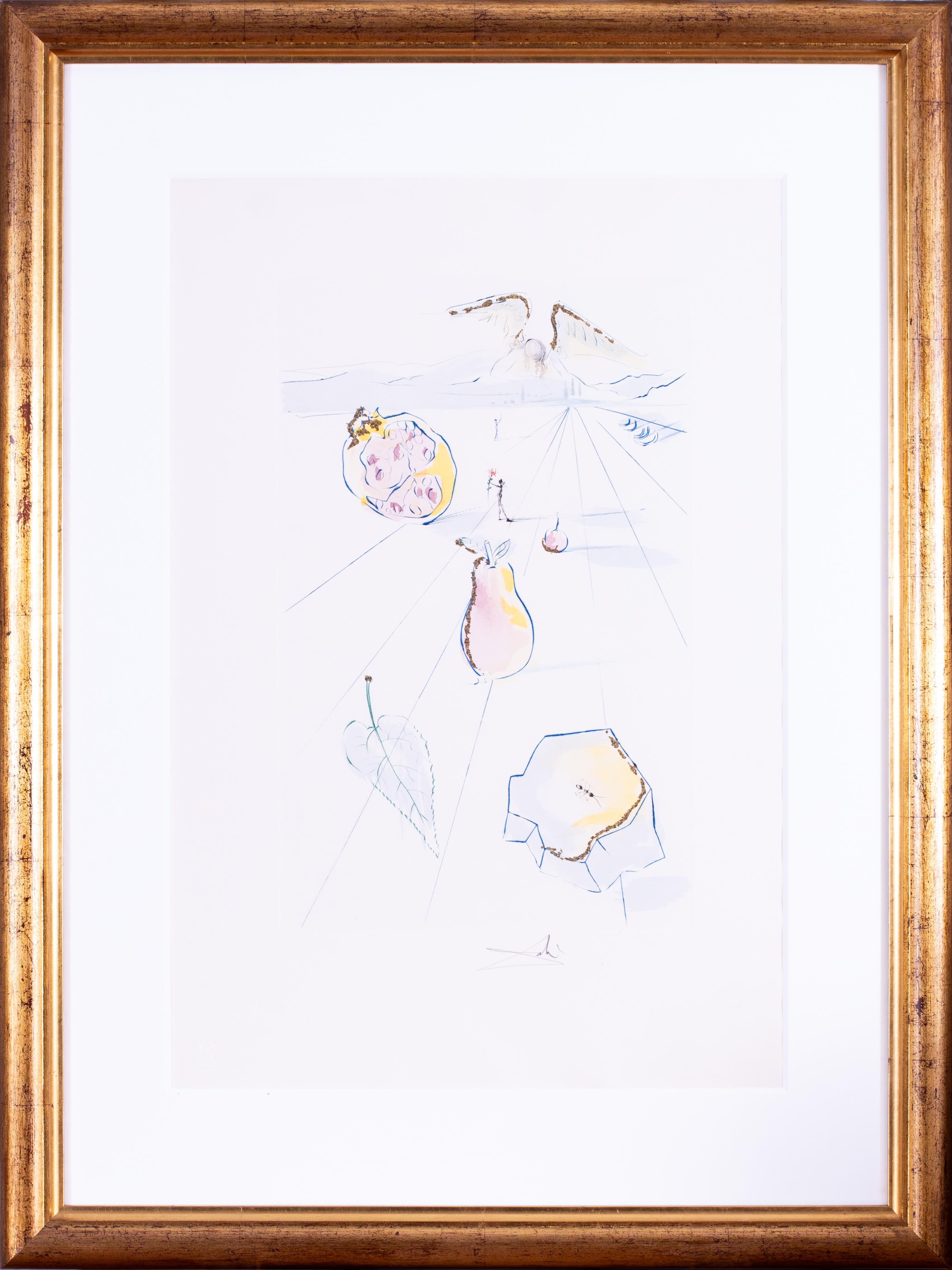 Salvador Dali etching, hand colouring with gold dust, 1971, signed