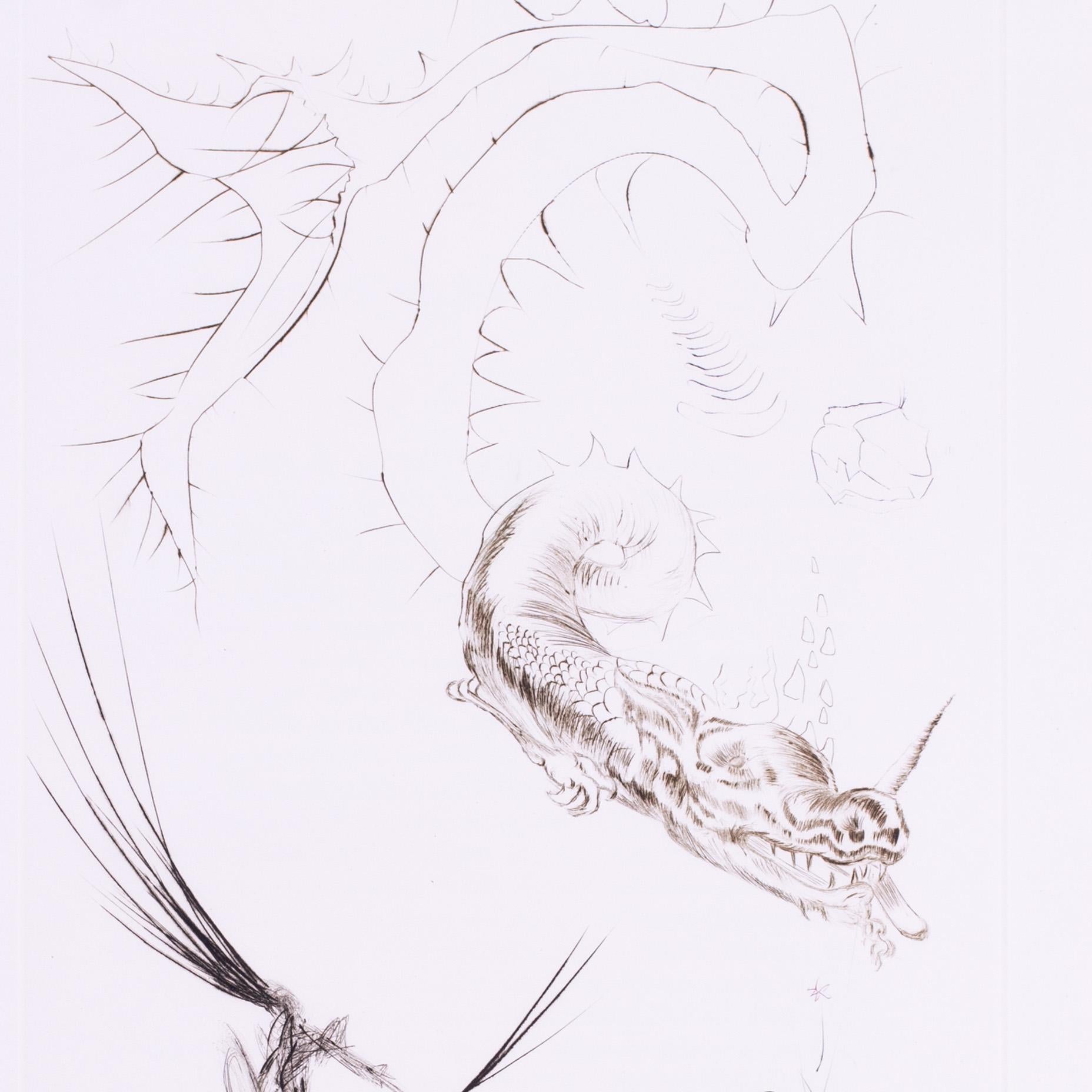 Salvador Dalí (Spanish, 1904–1989)
Tristan and the Dragon
Drypoint etching in colour
From the 1970 Tristan and Iseult series, British book edition, printed on Mandeure paper, with ‘AC’ die stamp
Signed with monogram ‘SD’ in pencil lower right